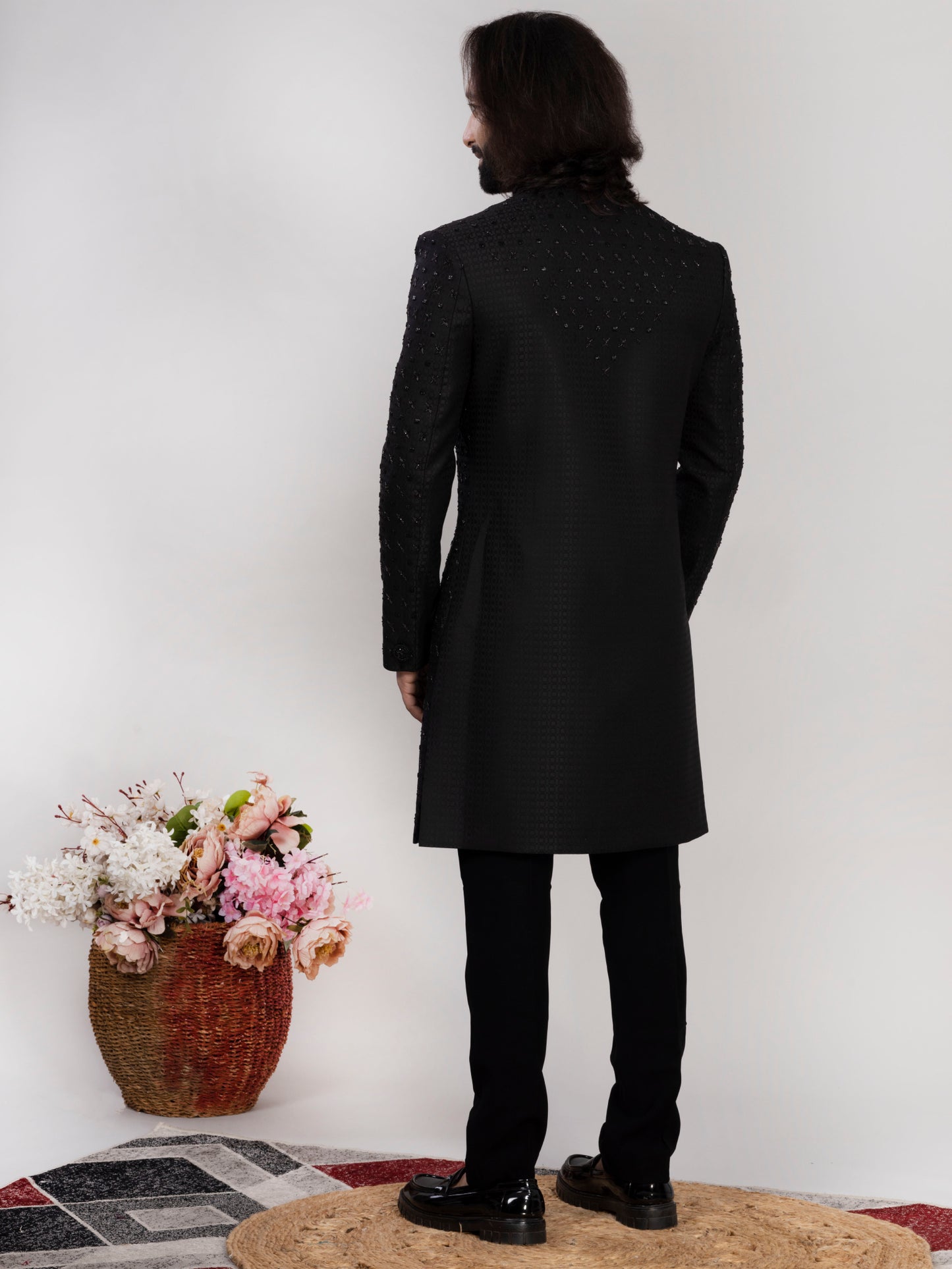 Raxon Black Embroidered Indo-Western Sherwani for Men