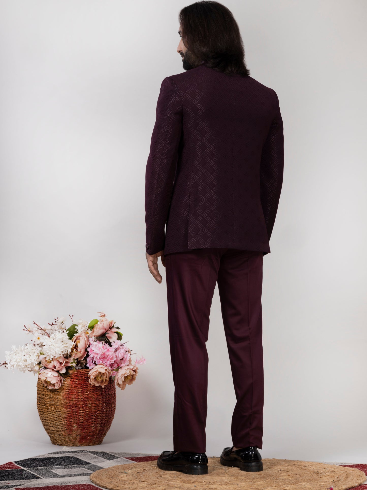 Wine Jacquard Jodhpuri Bandhgala Suit with Collar & Button Work | Wedding & Party Wear