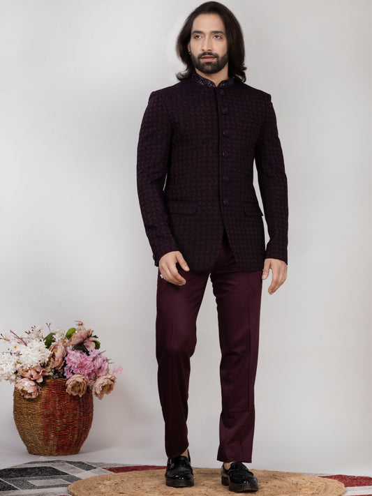 RAXON Designer Wine Jacquard Jodhpuri Suit