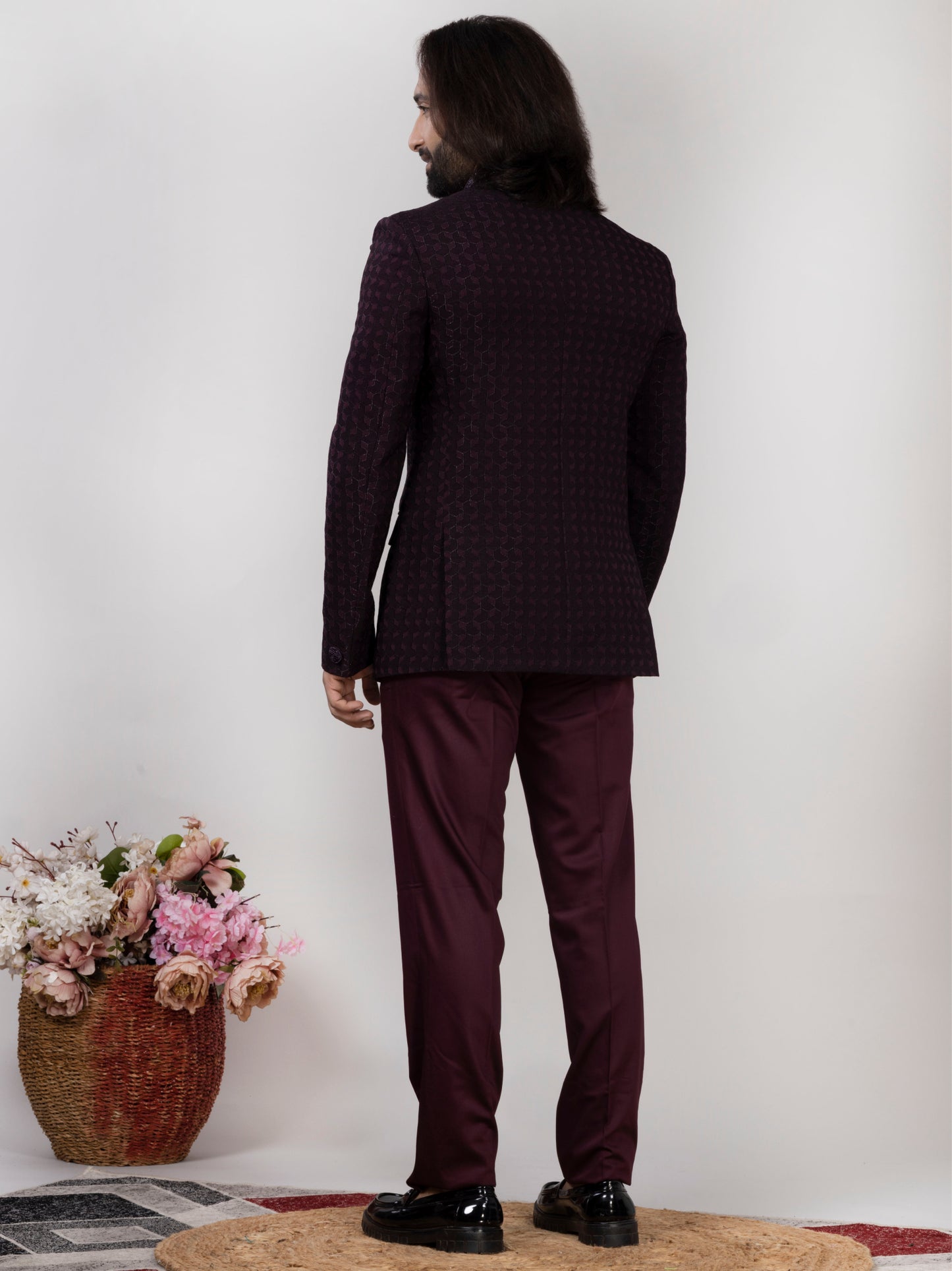RAXON Designer Wine Jacquard Jodhpuri Suit