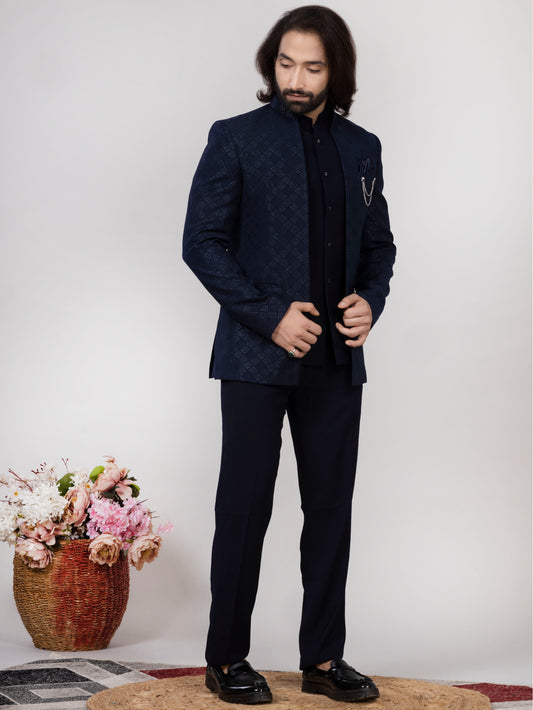 Navy Blue Open Jodhpuri Suit with Matching Trouser & Inner Jacket