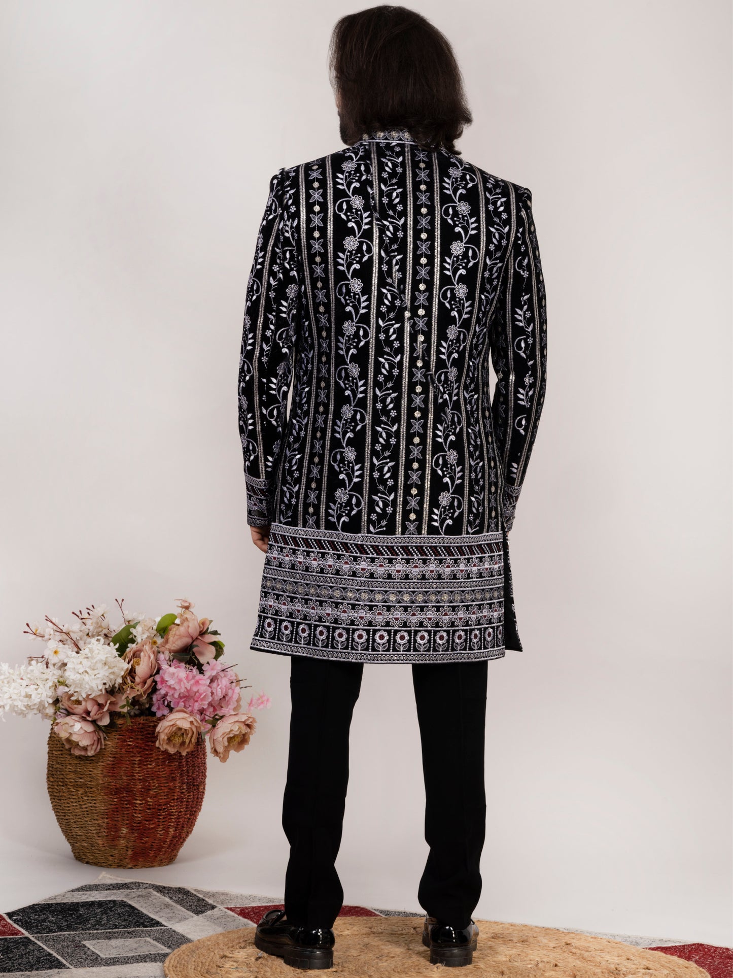 Black Velvet Embroidered Open Indo-Western Suit