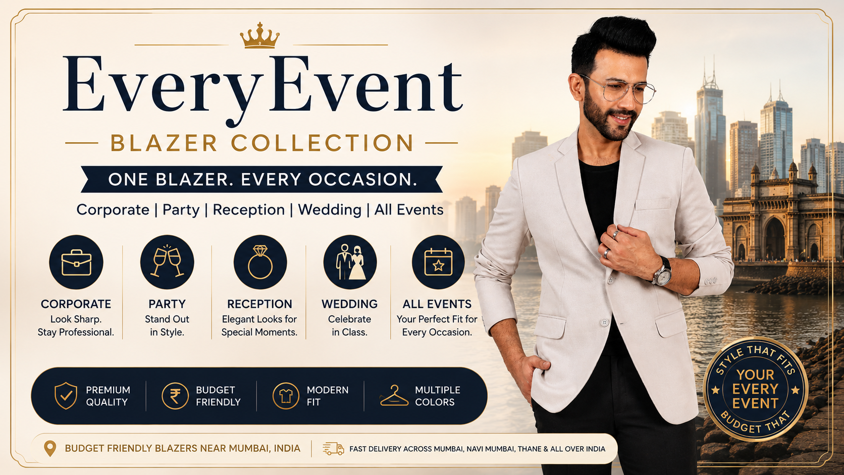 Affordable men’s beige blazer for corporate office wear, weddings, receptions, parties, and special events near Mumbai, India. Stylish modern fit budget-friendly blazer collection for every occasion.