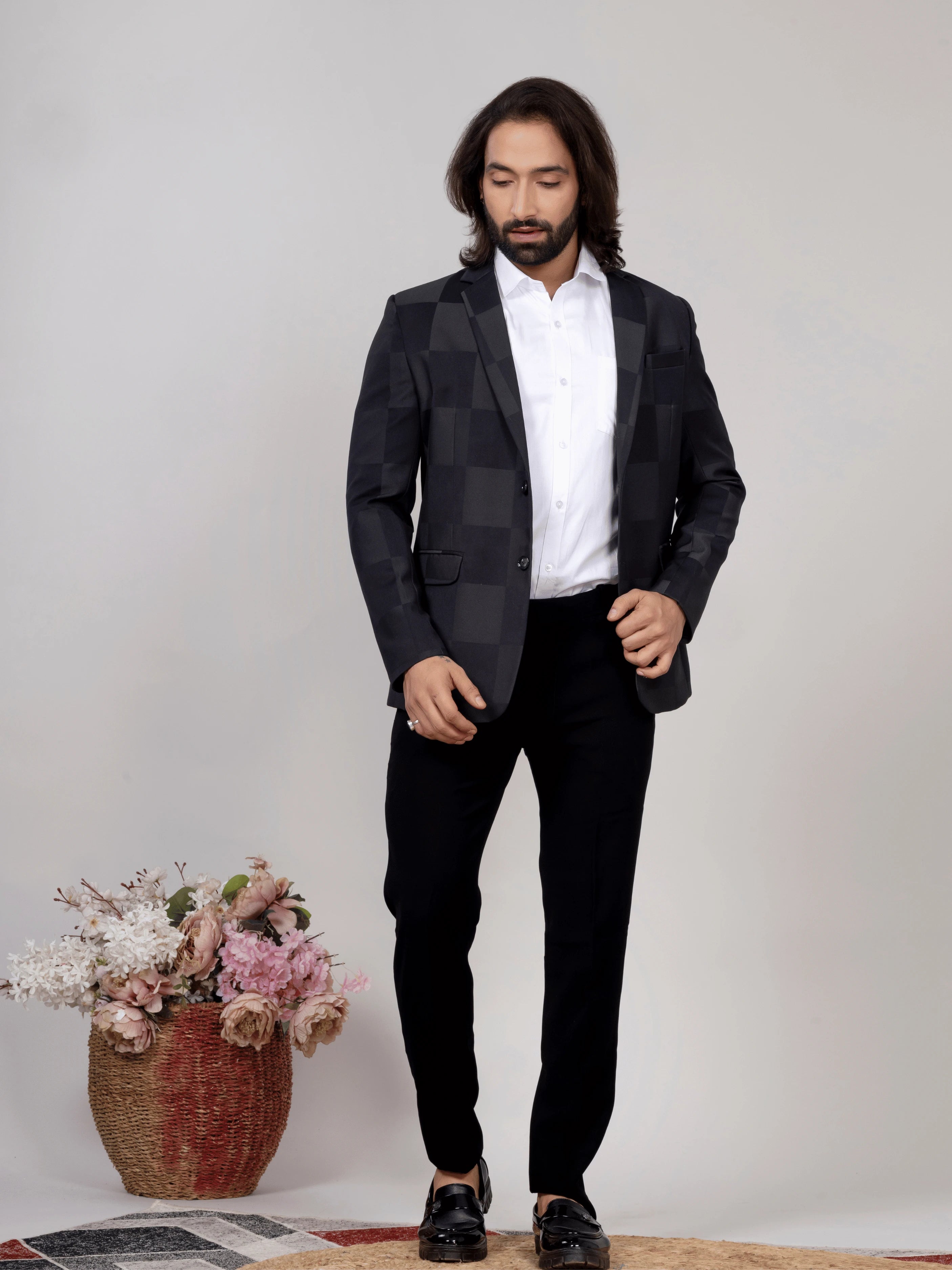 Grey Green Checkered Blazer for Men Premium Formal & Party Wear