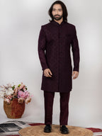 Men's Wine Jacquard Sherwani Regular Fit Wedding Wear
