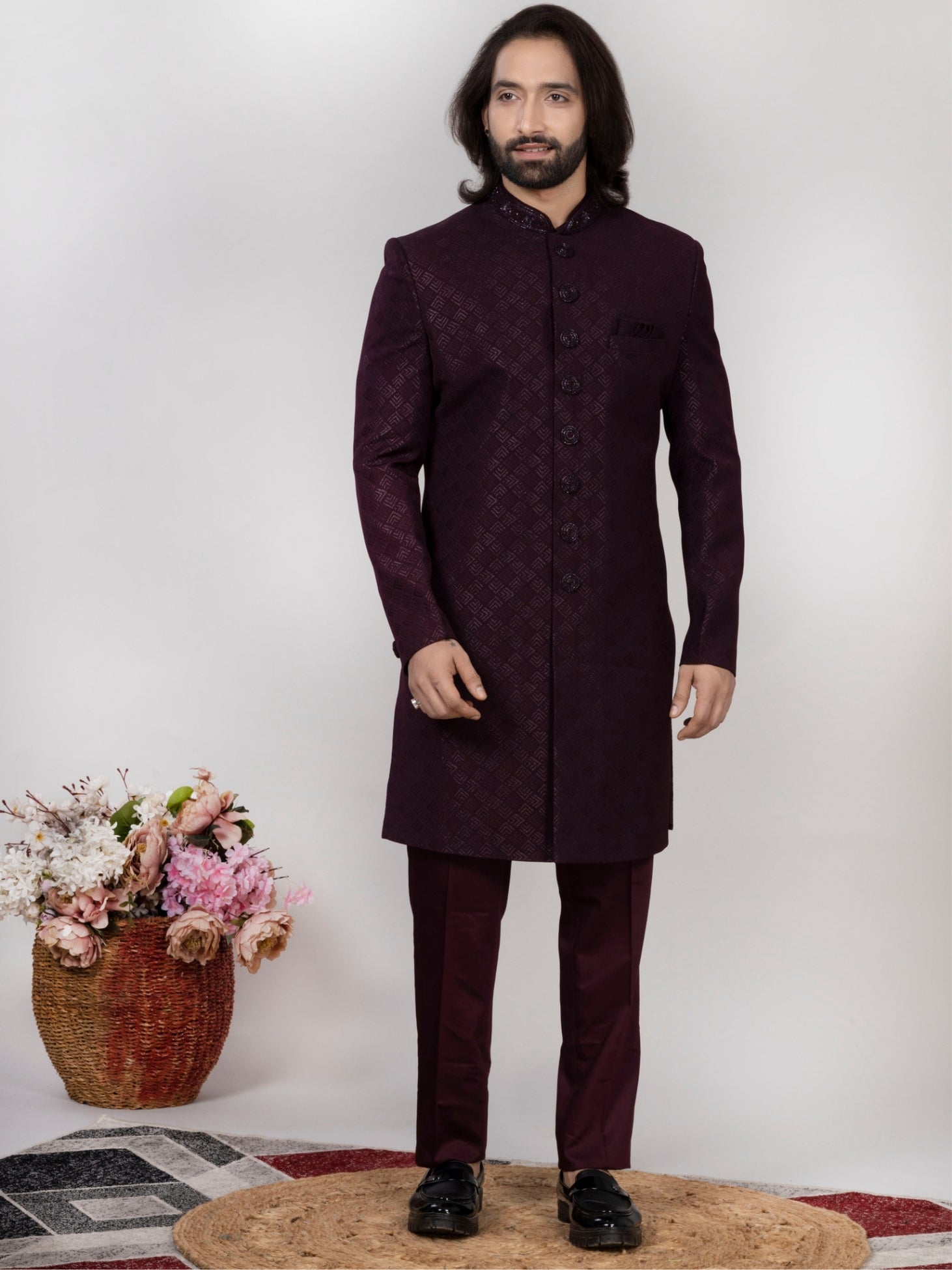 Men's Wine Jacquard Sherwani Regular Fit Wedding Wear