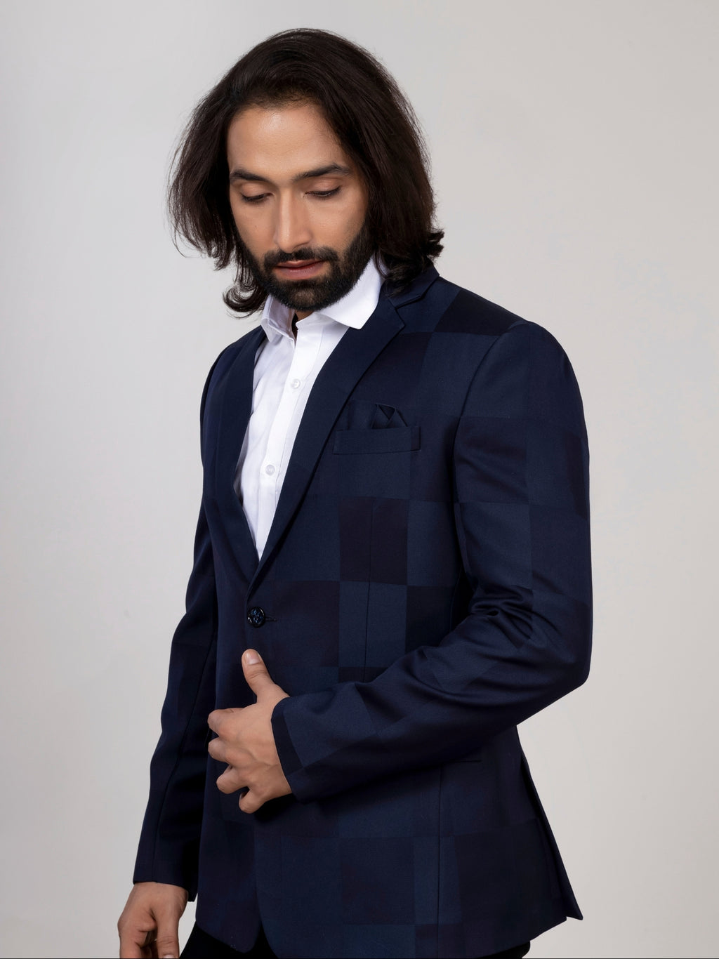 Navy Blue Checkered Blazer for Men Premium Formal & Party Wear