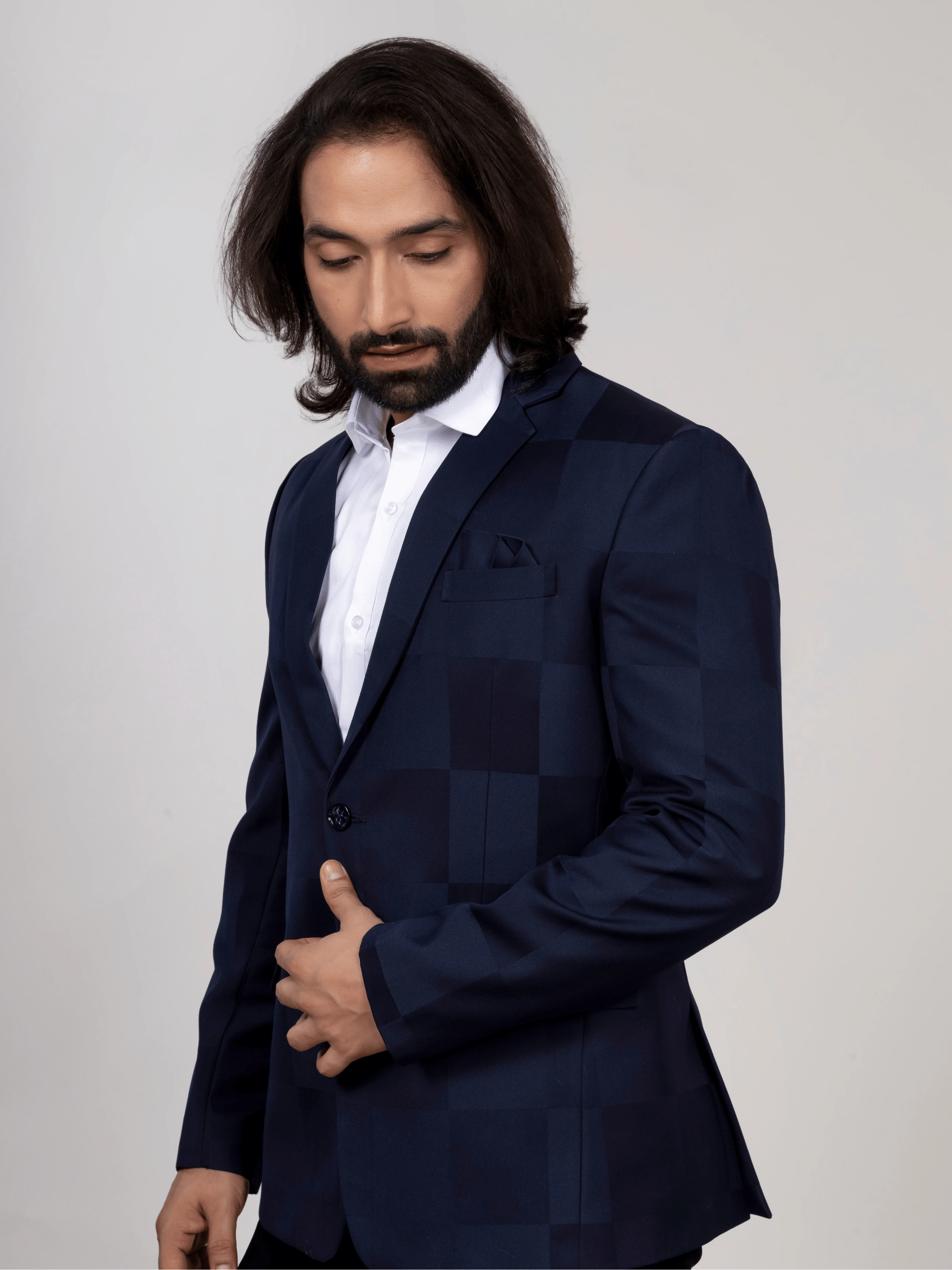 Navy Blue Checkered Blazer for Men Premium Formal & Party Wear