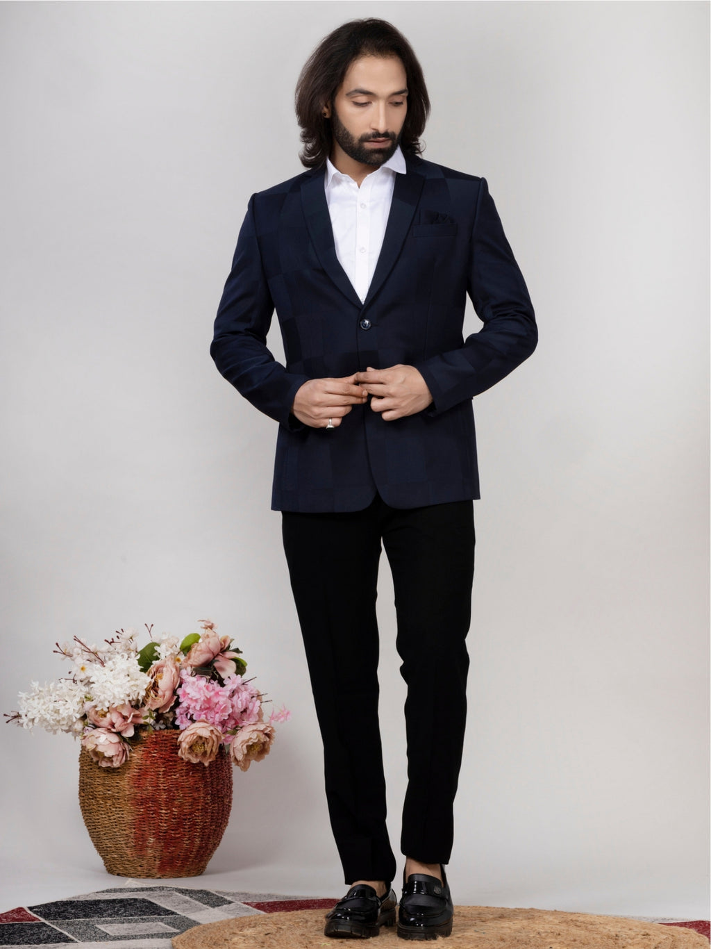 Navy Blue Checkered Blazer for Men Premium Formal & Party Wear
