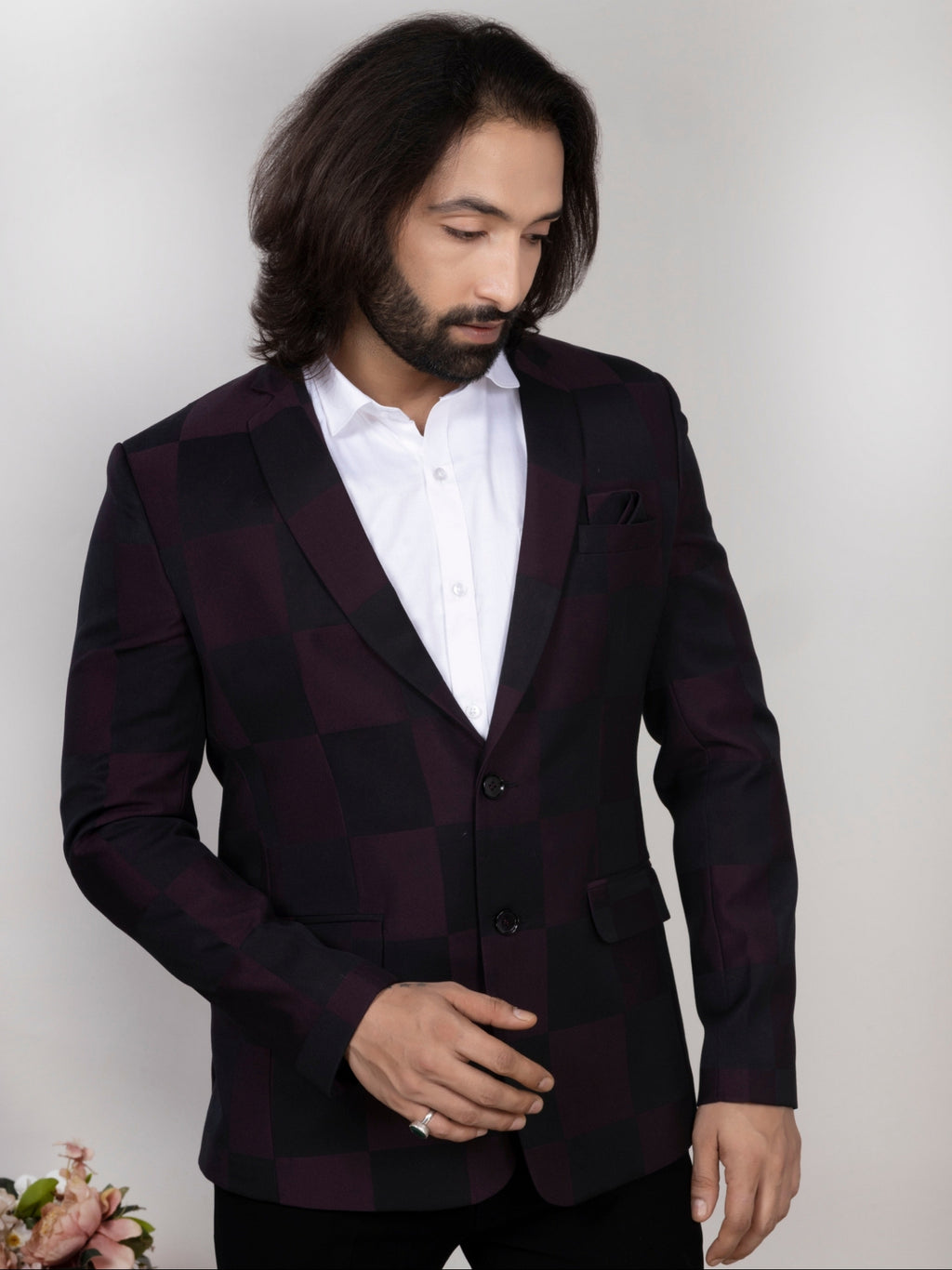 Wine Black Windowpane Check Blazer for Men Premium Party & Formal Wear