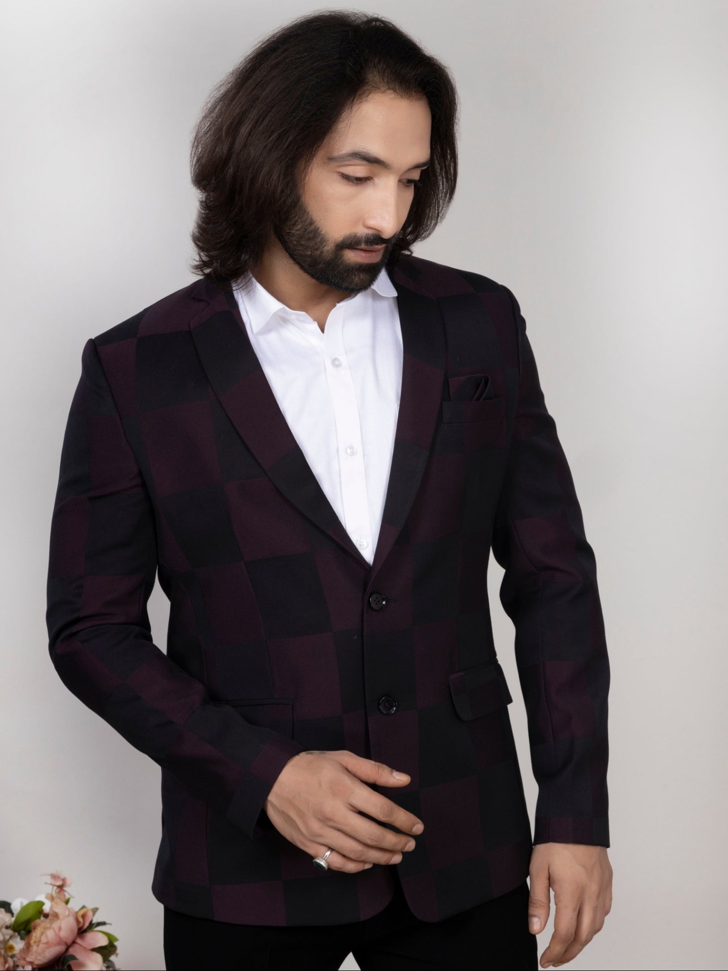 Wine Black Windowpane Check Blazer for Men Premium Party & Formal Wear