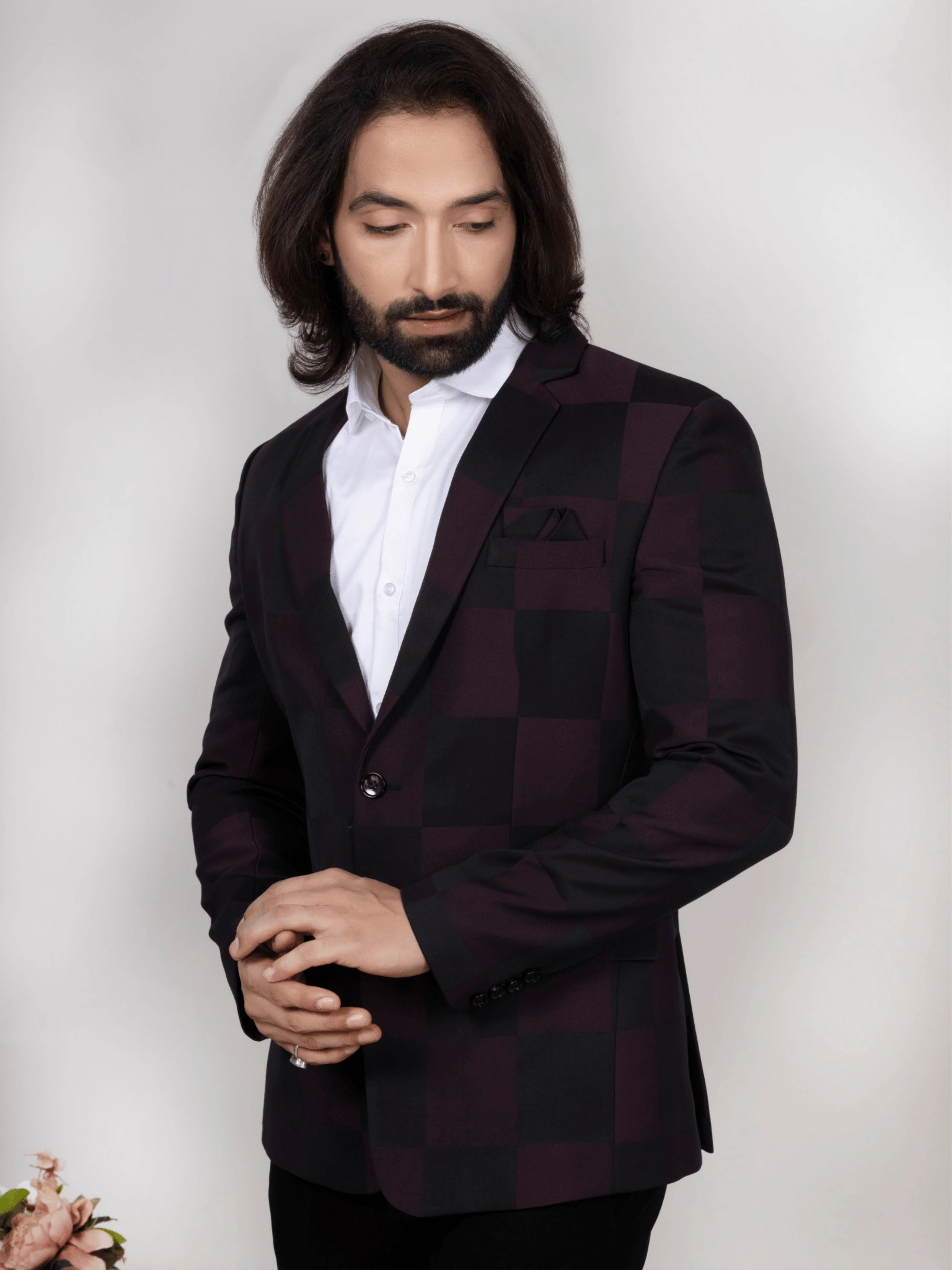 Wine Black Windowpane Check Blazer for Men Premium Party & Formal Wear