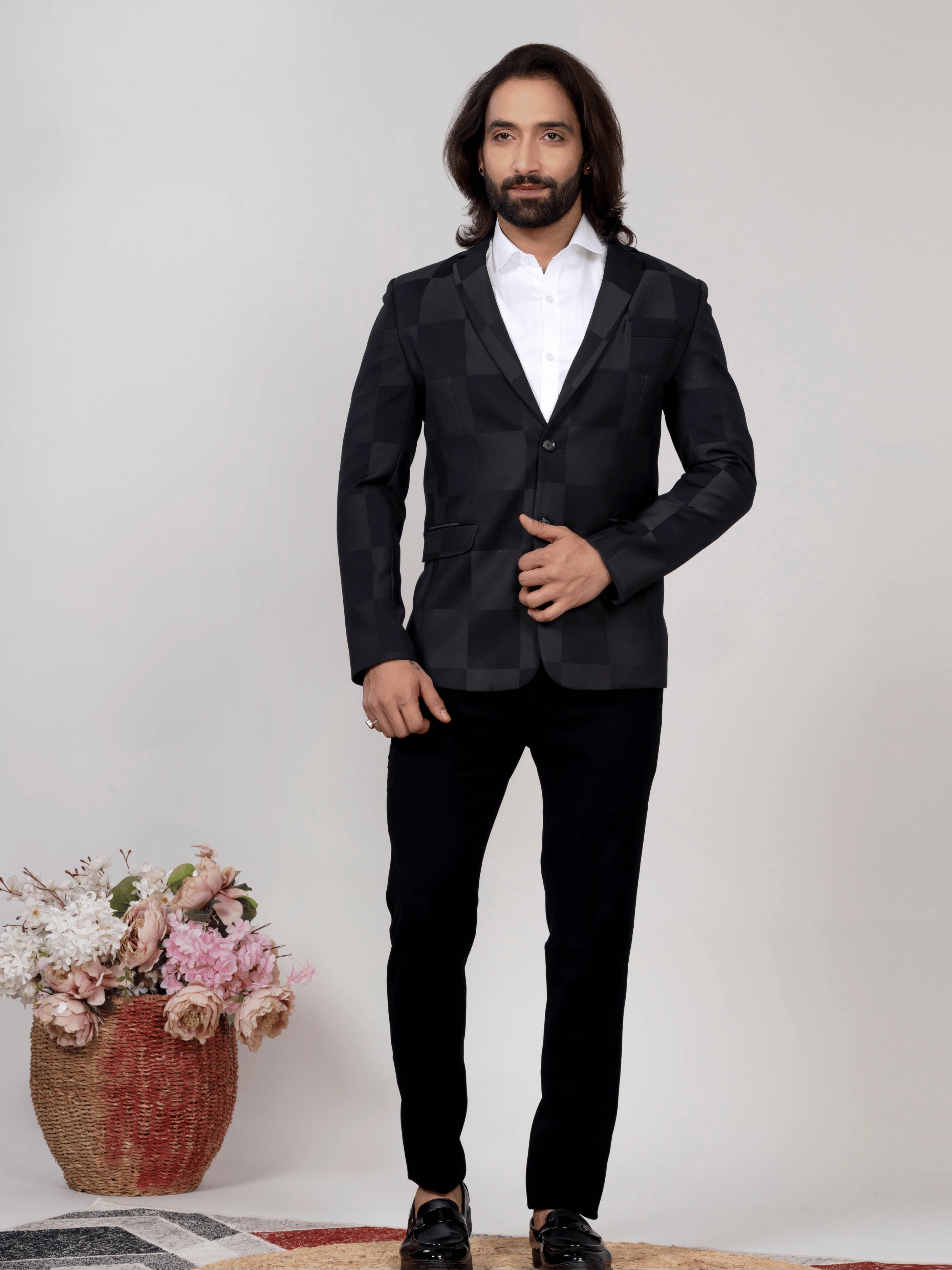 Grey Green Checkered Blazer for Men Premium Formal & Party Wear