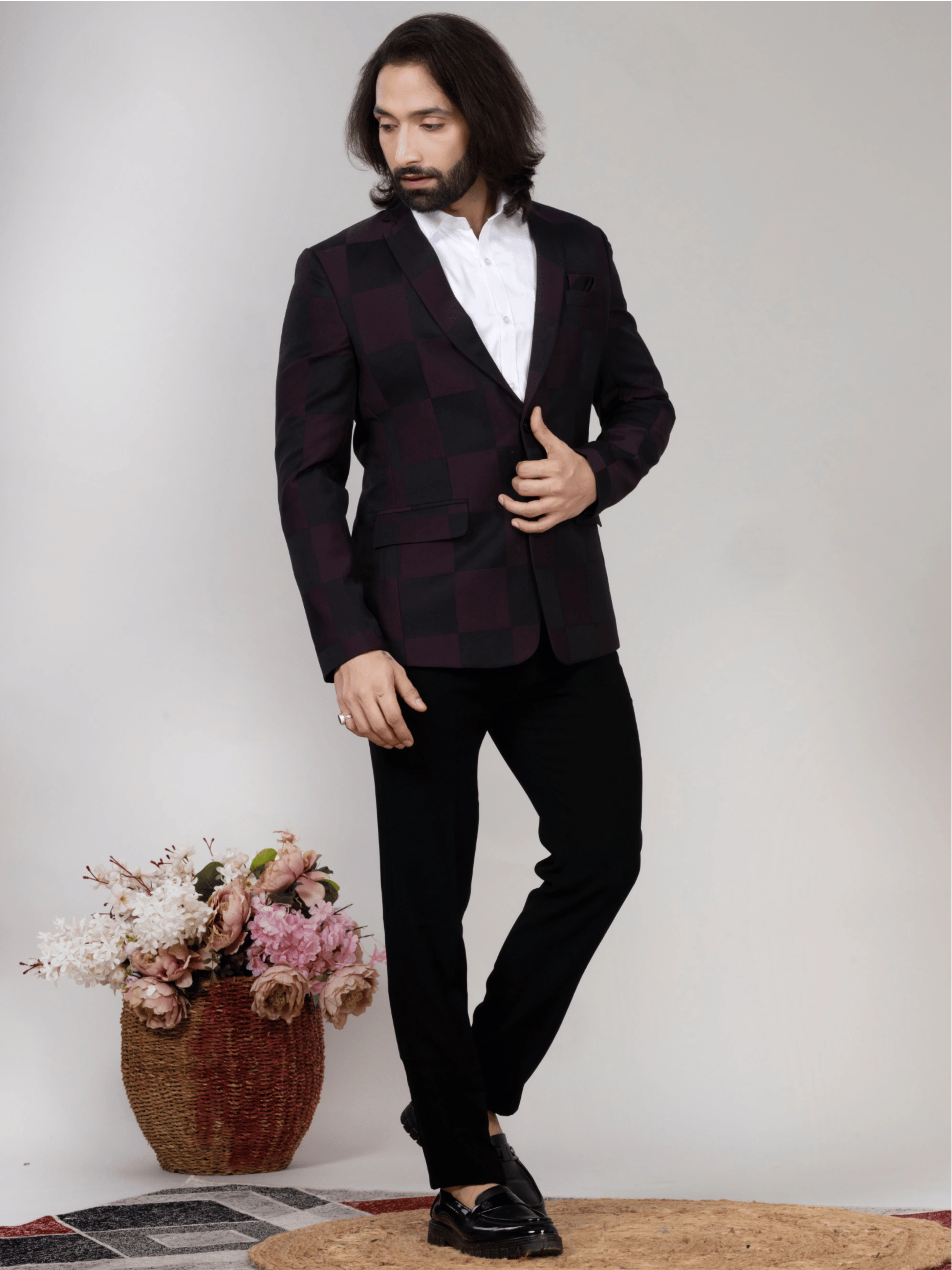 Wine Black Windowpane Check Blazer for Men Premium Party & Formal Wear