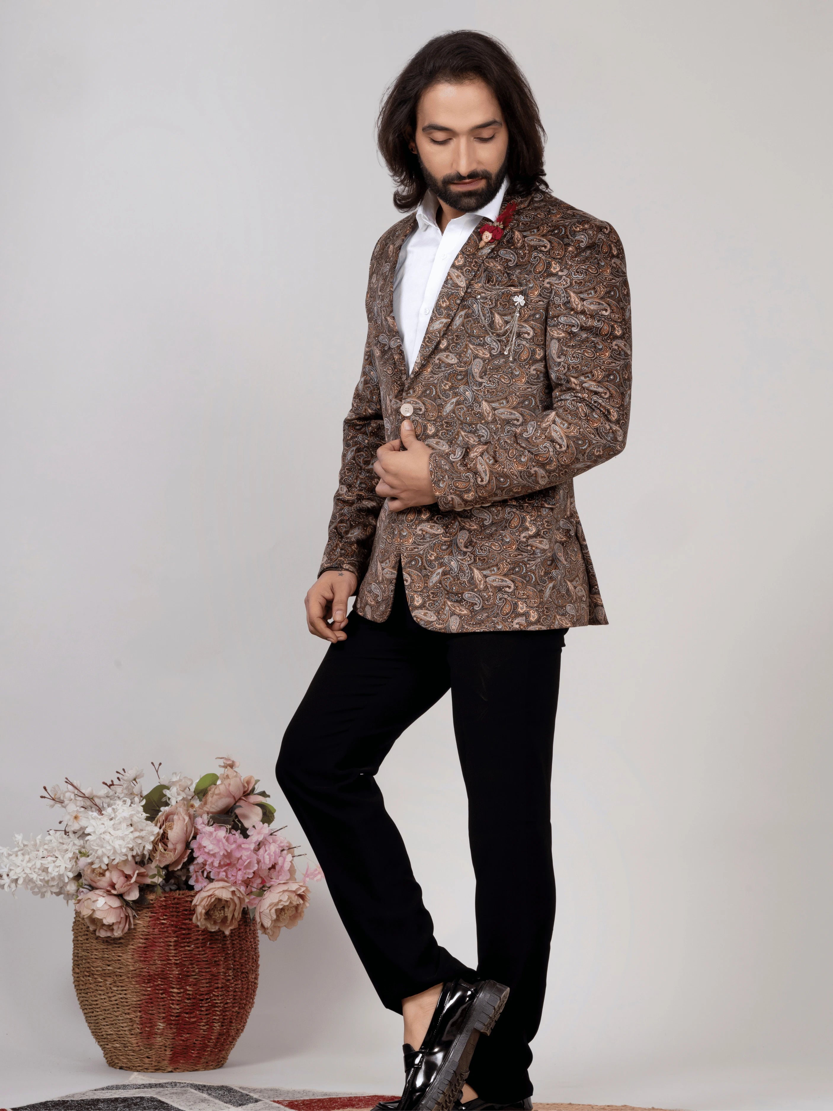 Men's Brown Paisley Print Party Wear Blazer