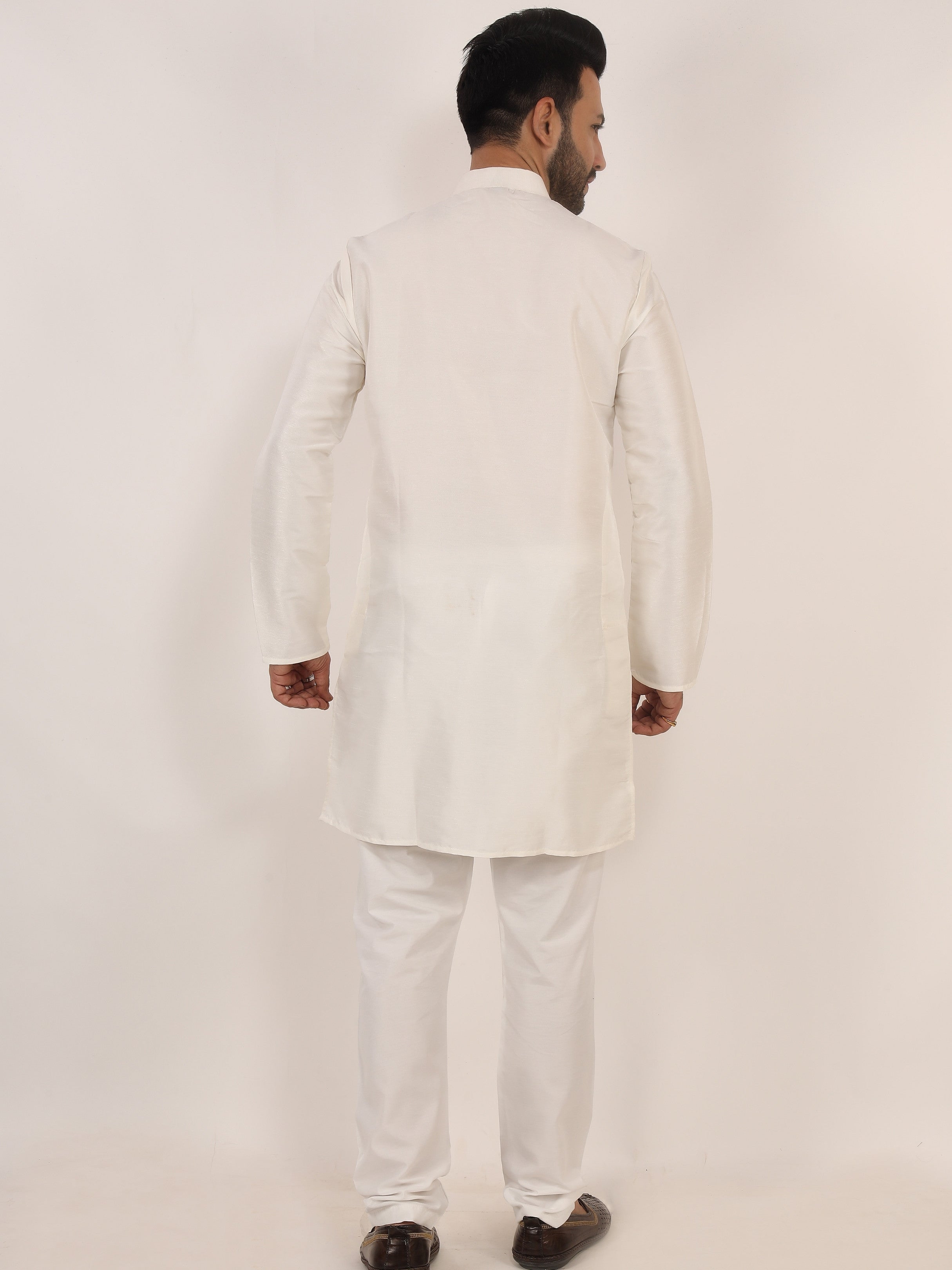 White Dupion Kurta Pajama Set with Cotton Pajama