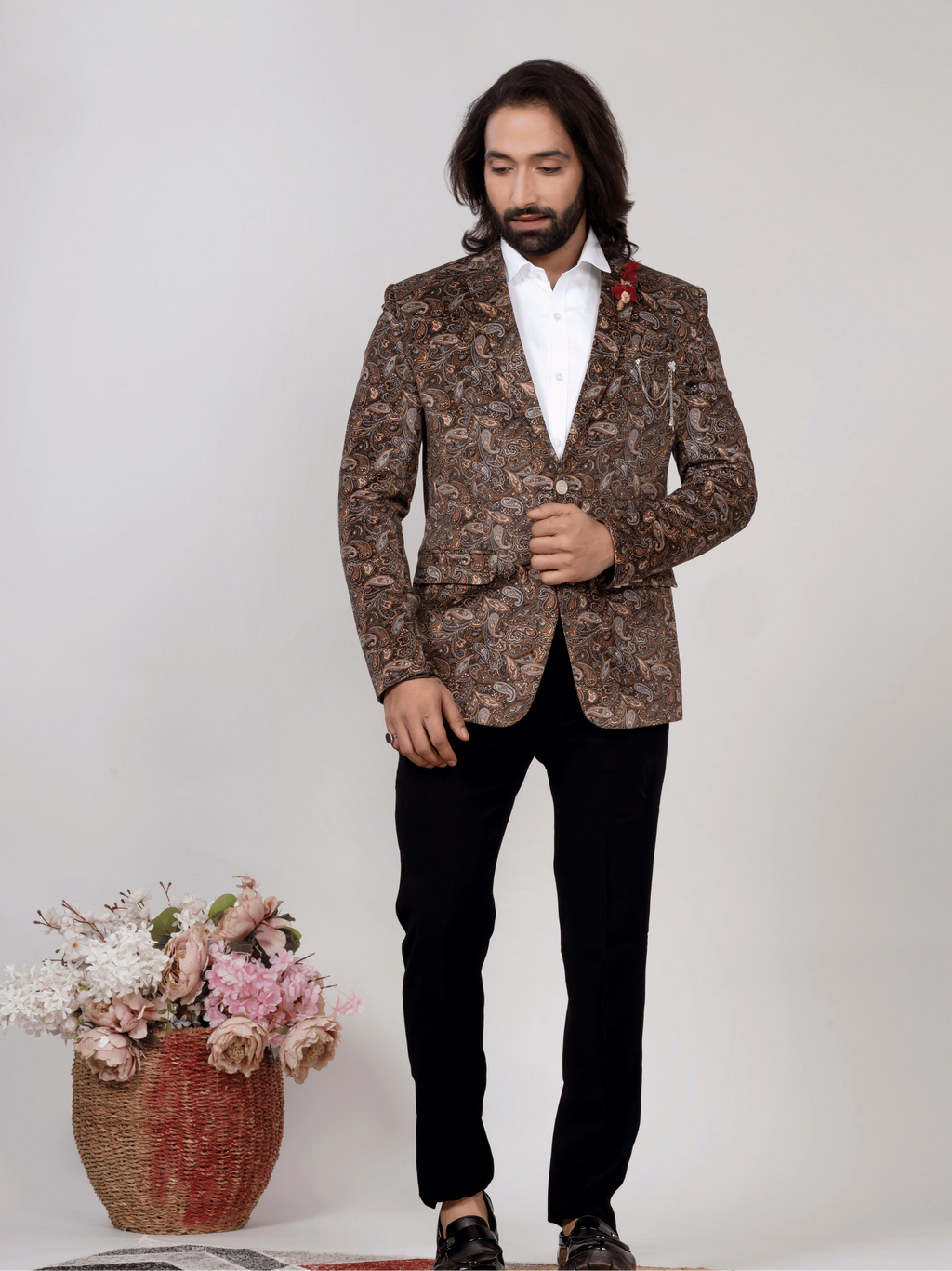 Men's Brown Paisley Print Party Wear Blazer