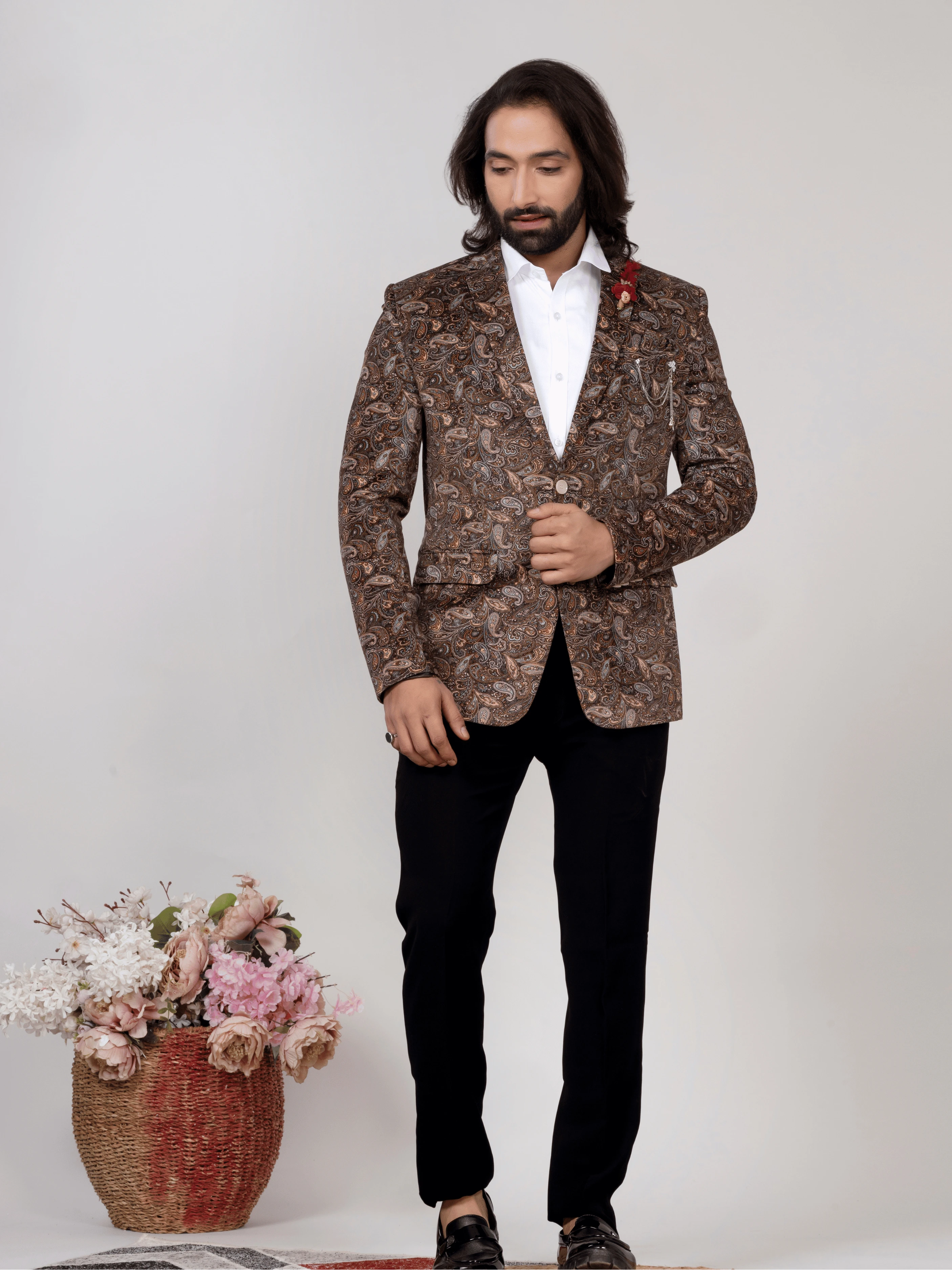 Men's Brown Paisley Print Party Wear Blazer