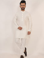 White Dupion Kurta Pajama Set with Cotton Pajama