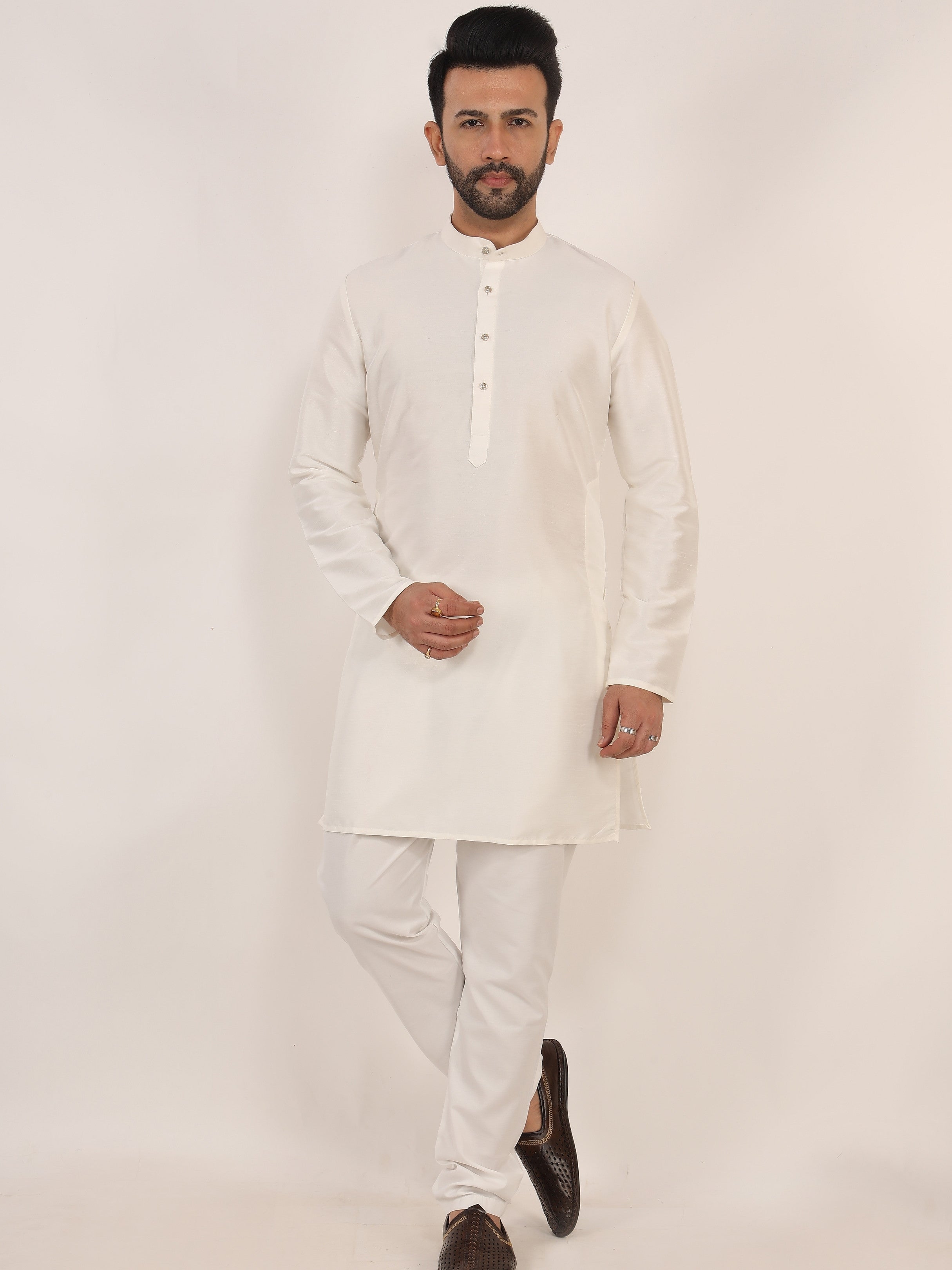 White Dupion Kurta Pajama Set with Cotton Pajama
