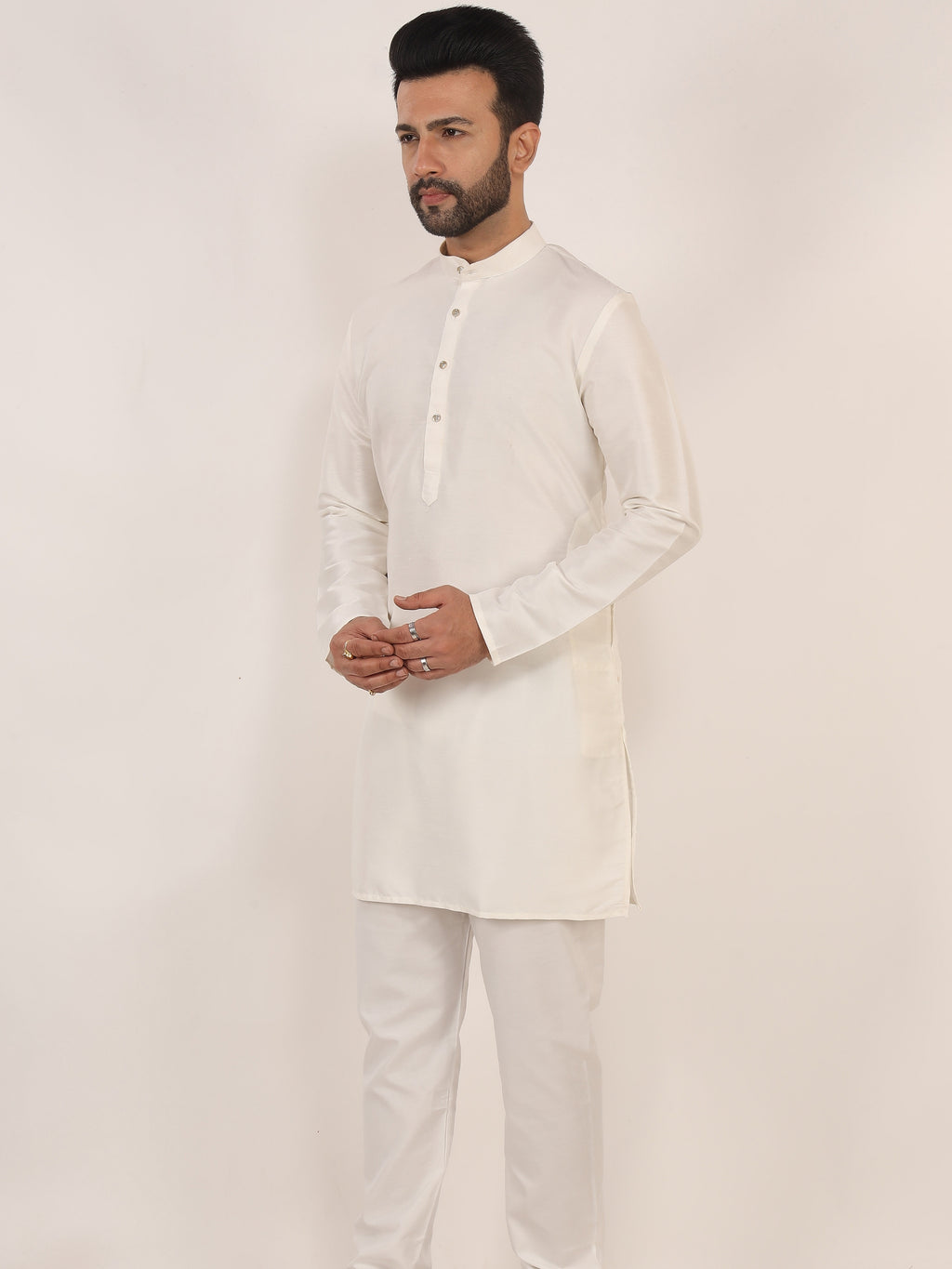 White Dupion Kurta Pajama Set with Cotton Pajama
