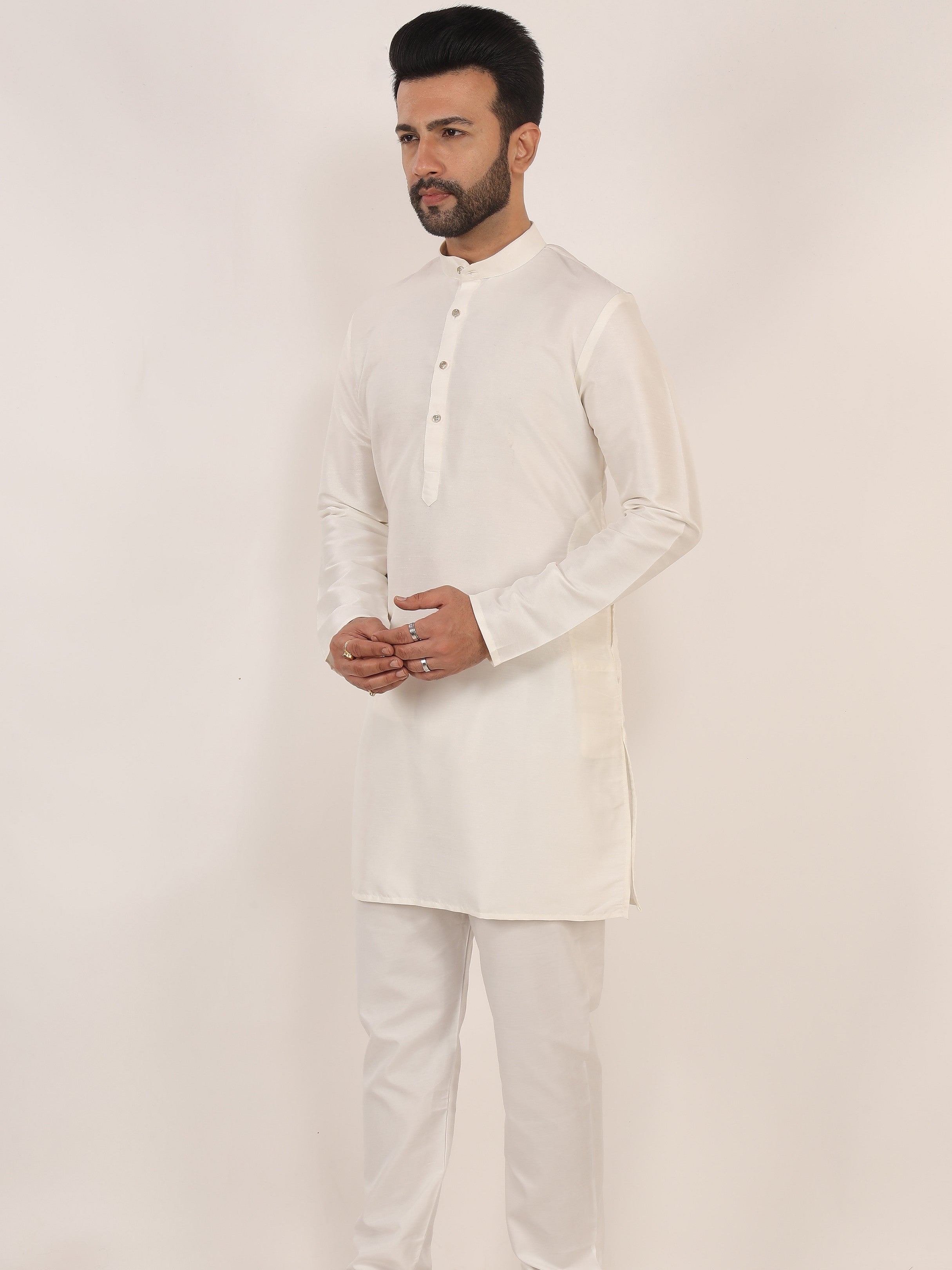 White Dupion Kurta Pajama Set with Cotton Pajama