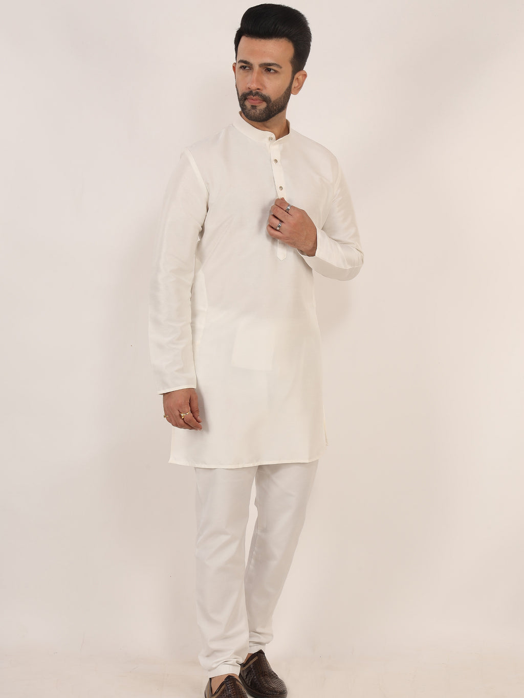 White Dupion Kurta Pajama Set with Cotton Pajama