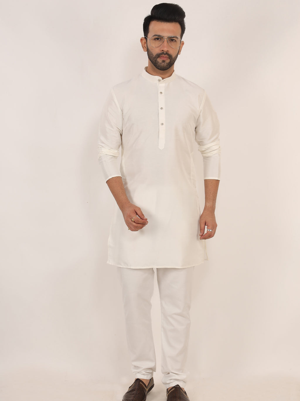White Dupion Kurta Pajama Set with Cotton Pajama
