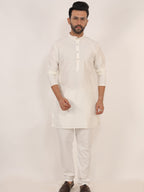 White Dupion Kurta Pajama Set with Cotton Pajama