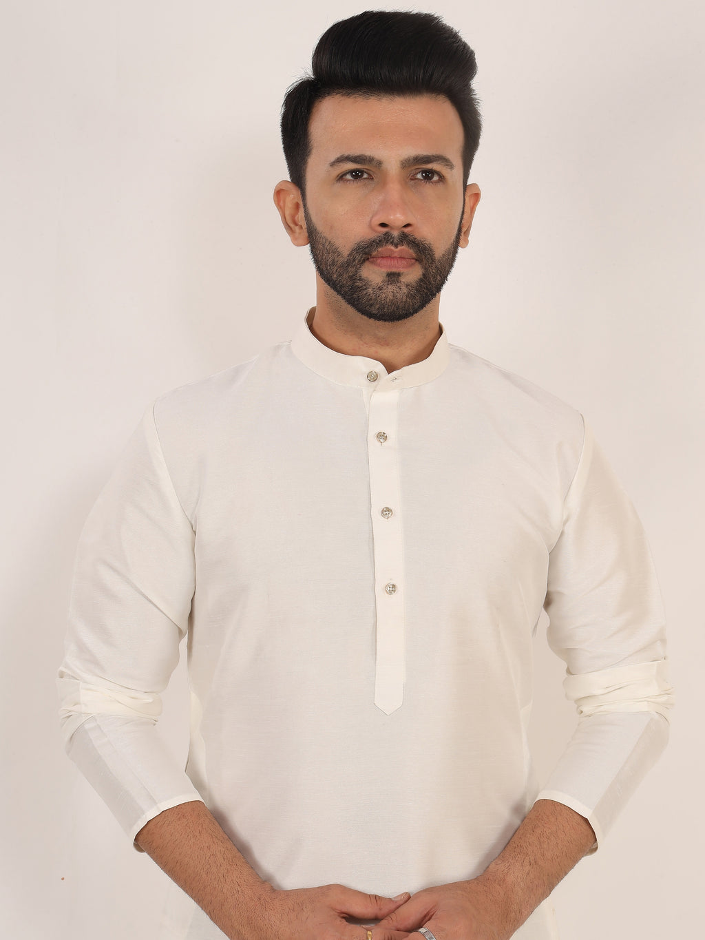 White Dupion Kurta Pajama Set with Cotton Pajama