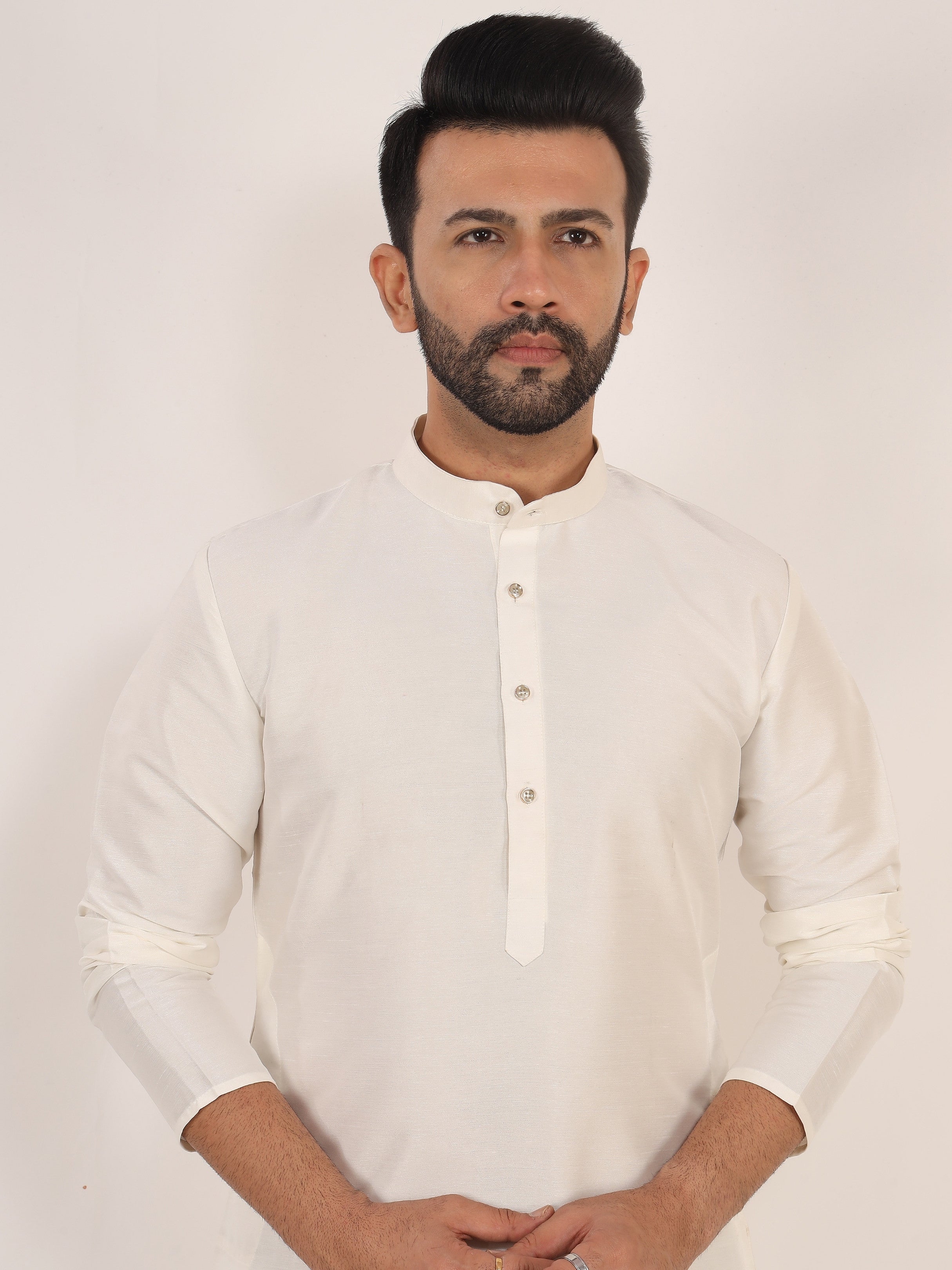 White Dupion Kurta Pajama Set with Cotton Pajama