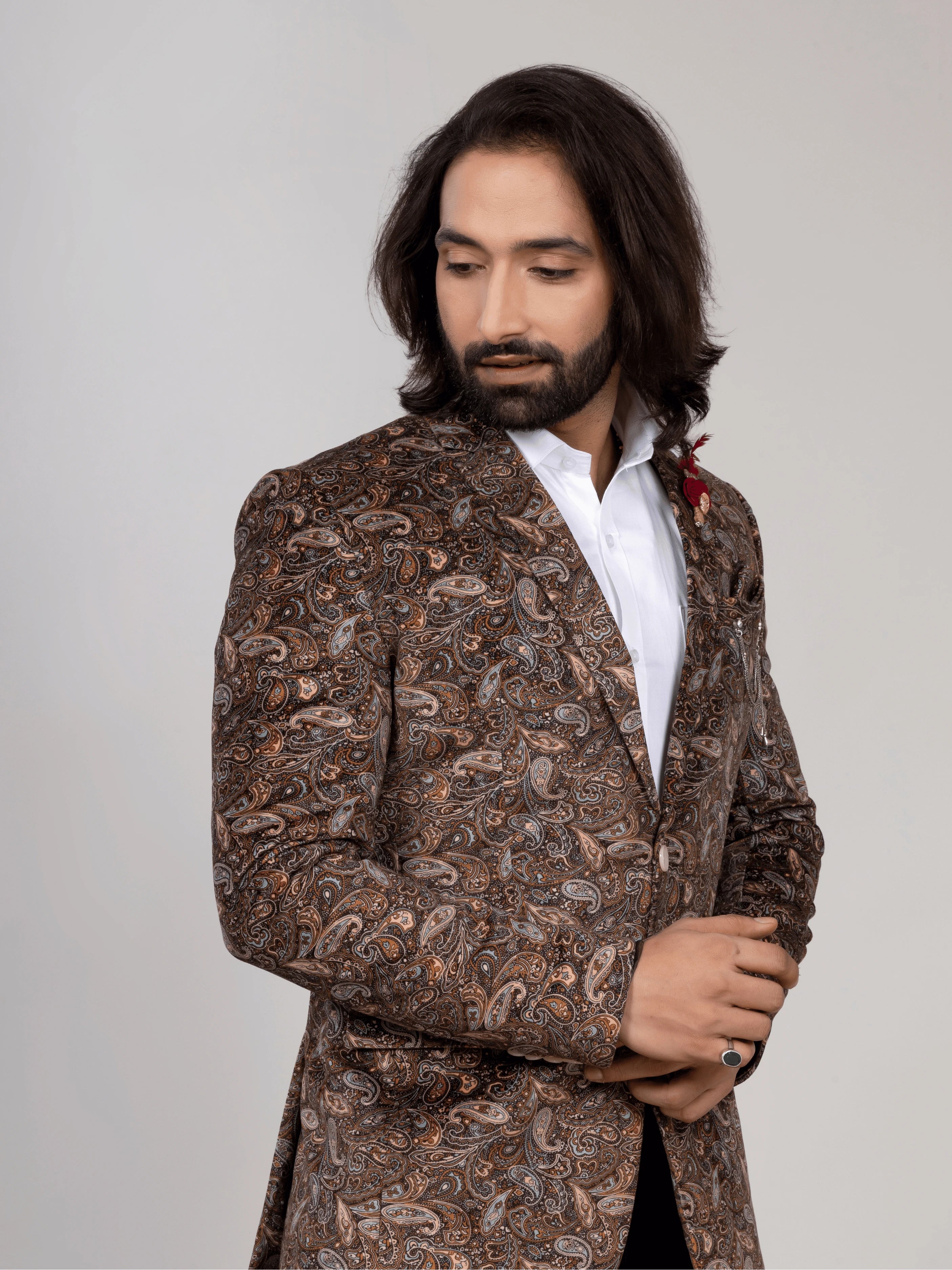 Men's Brown Paisley Print Party Wear Blazer