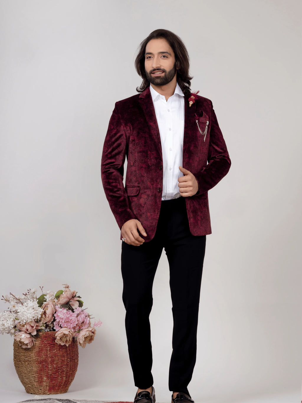 Men's Wine Velvet Paisley Party Wear Blazer