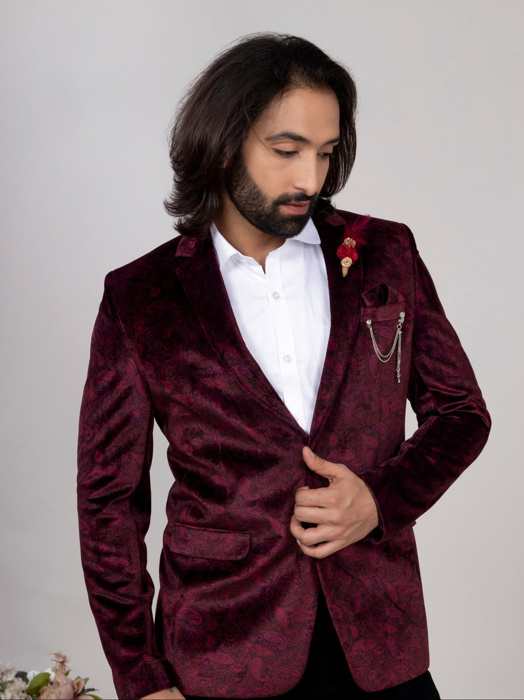 Men's Wine Velvet Paisley Party Wear Blazer