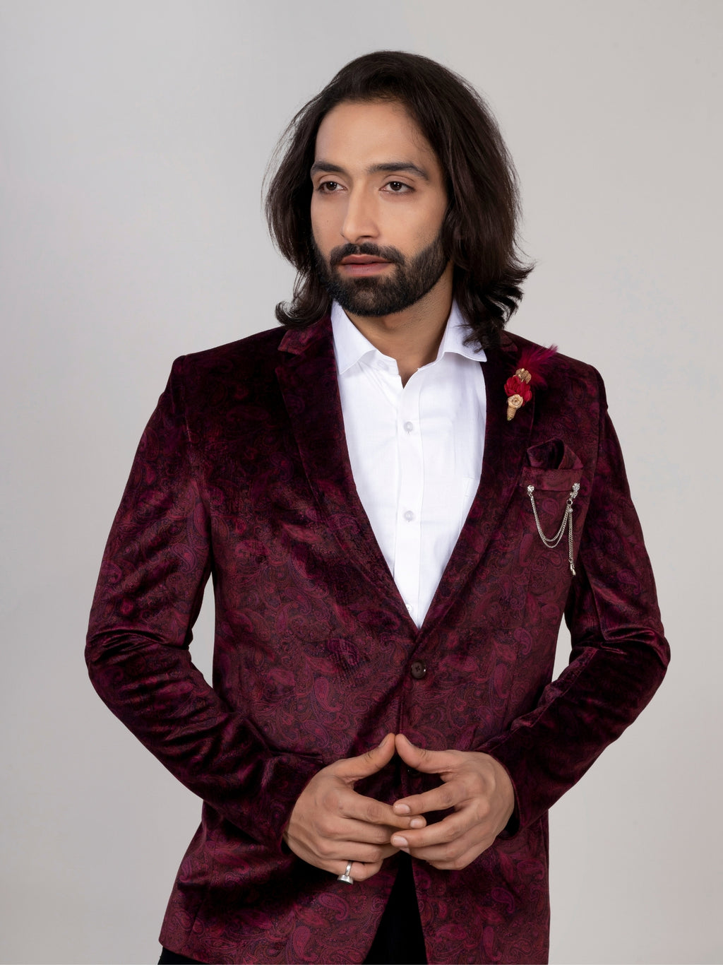 Men's Wine Velvet Paisley Party Wear Blazer
