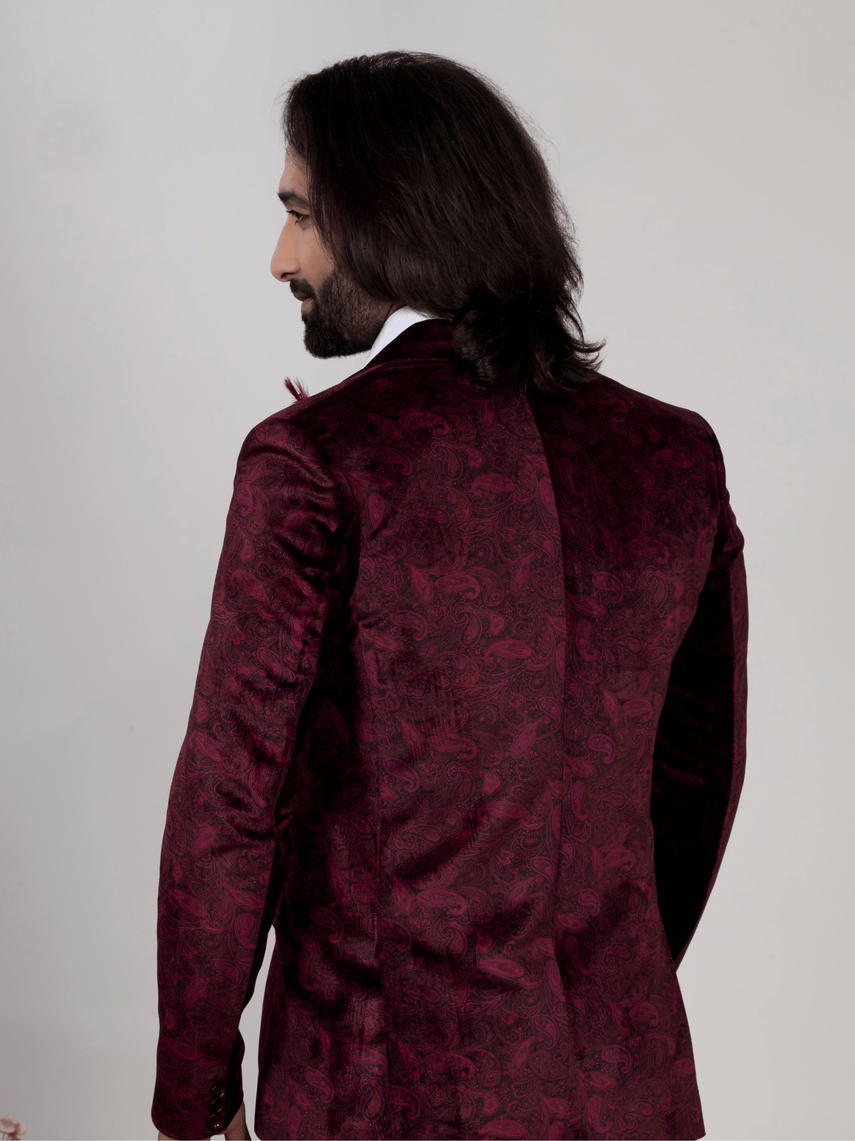 Men's Wine Velvet Paisley Party Wear Blazer