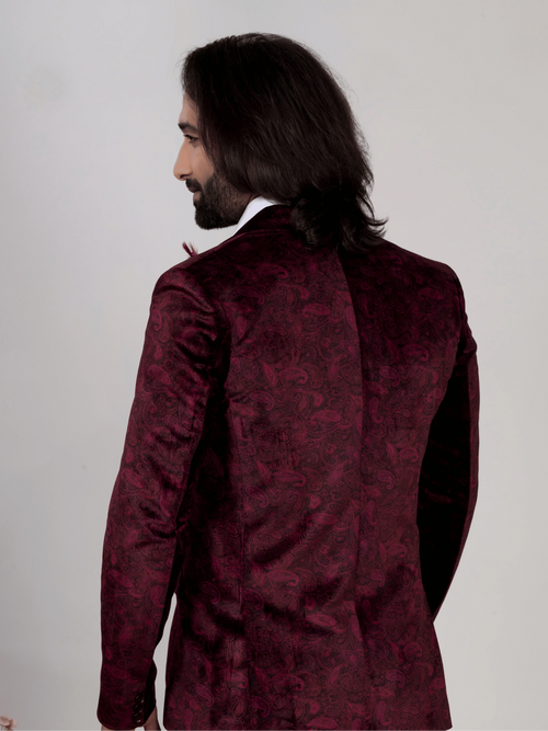 Men's Wine Velvet Paisley Party Wear Blazer
