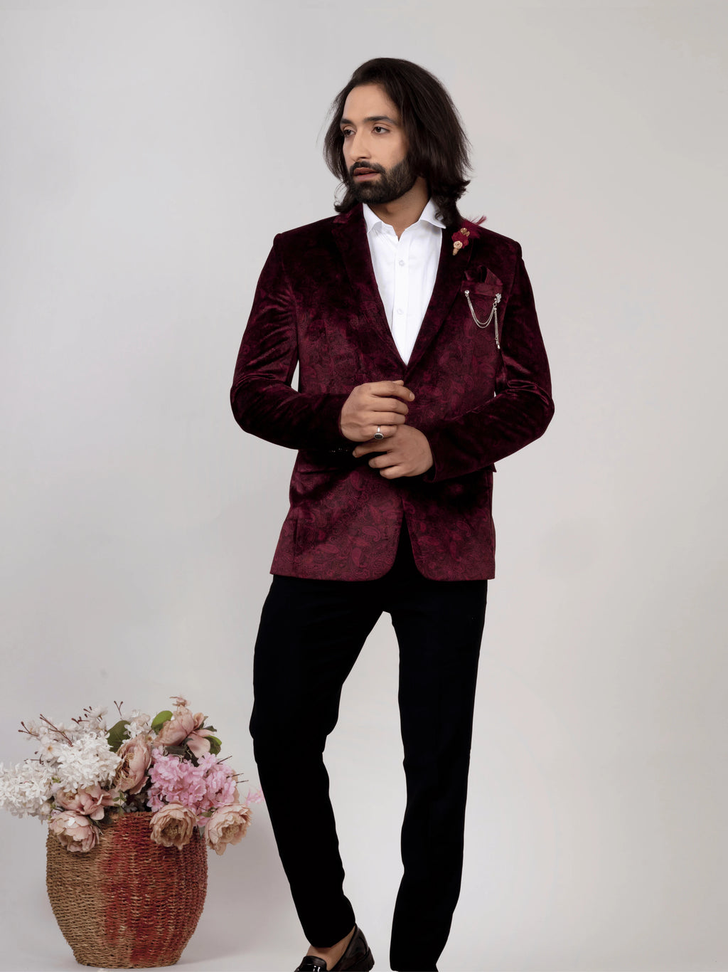 Men's Wine Velvet Paisley Party Wear Blazer