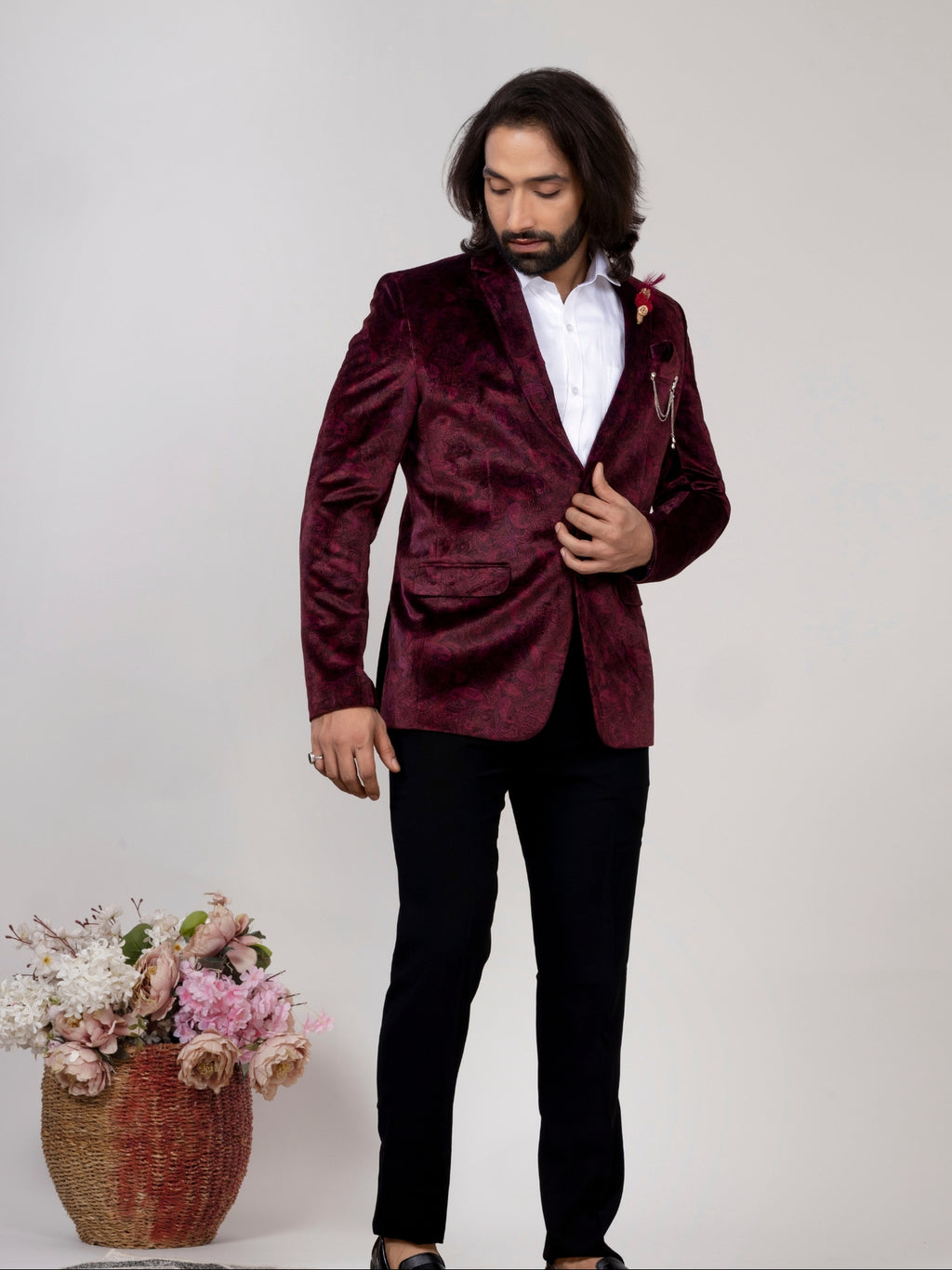 Men's Wine Velvet Paisley Party Wear Blazer
