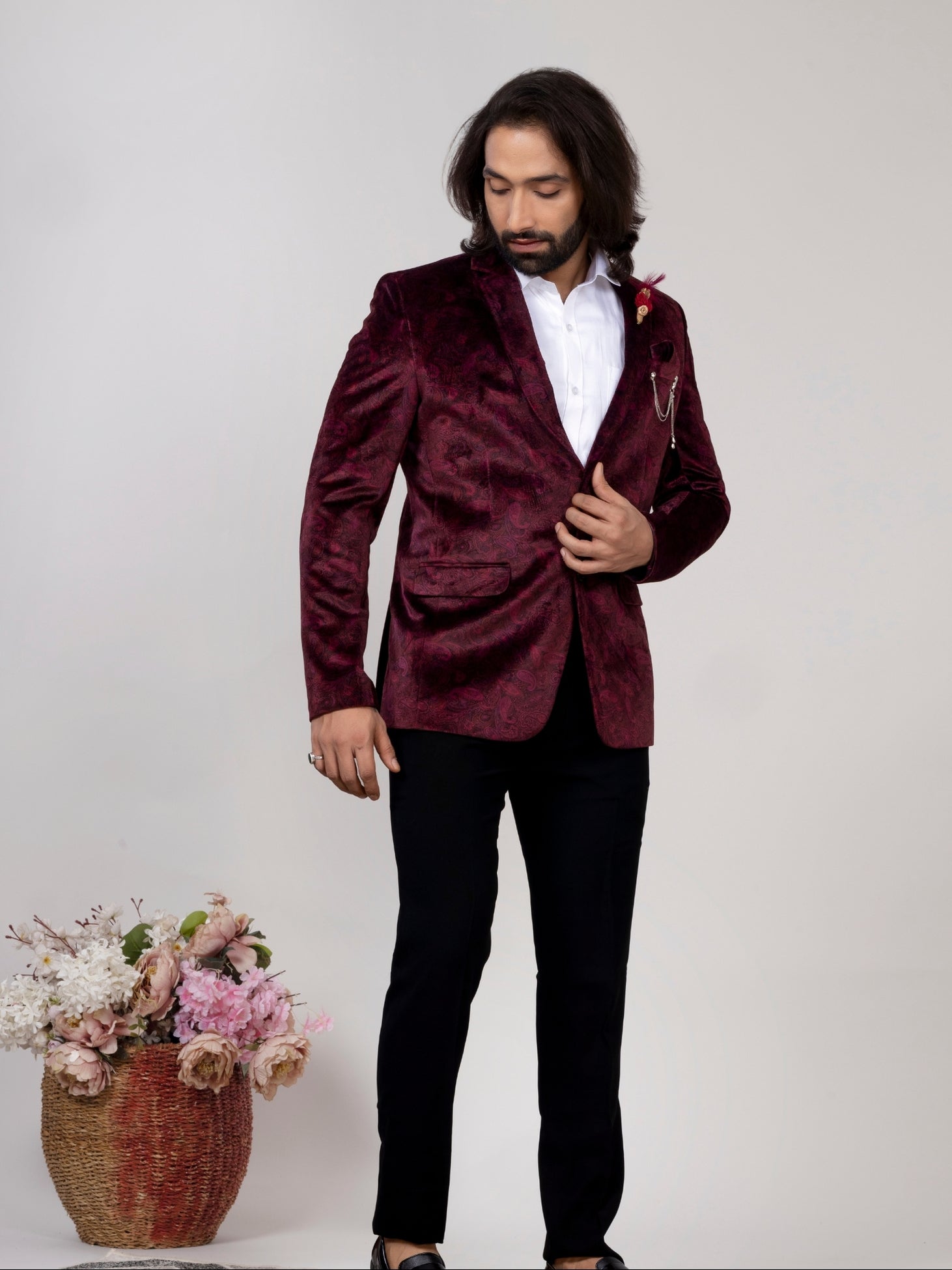 Men's Wine Velvet Paisley Party Wear Blazer
