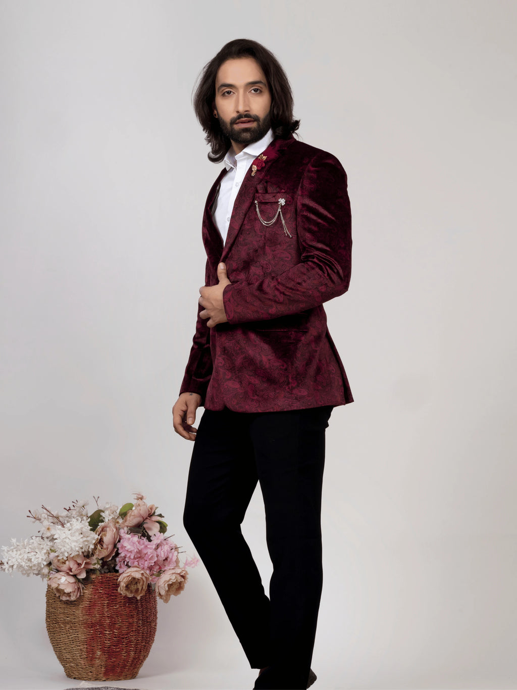 Men's Wine Velvet Paisley Party Wear Blazer