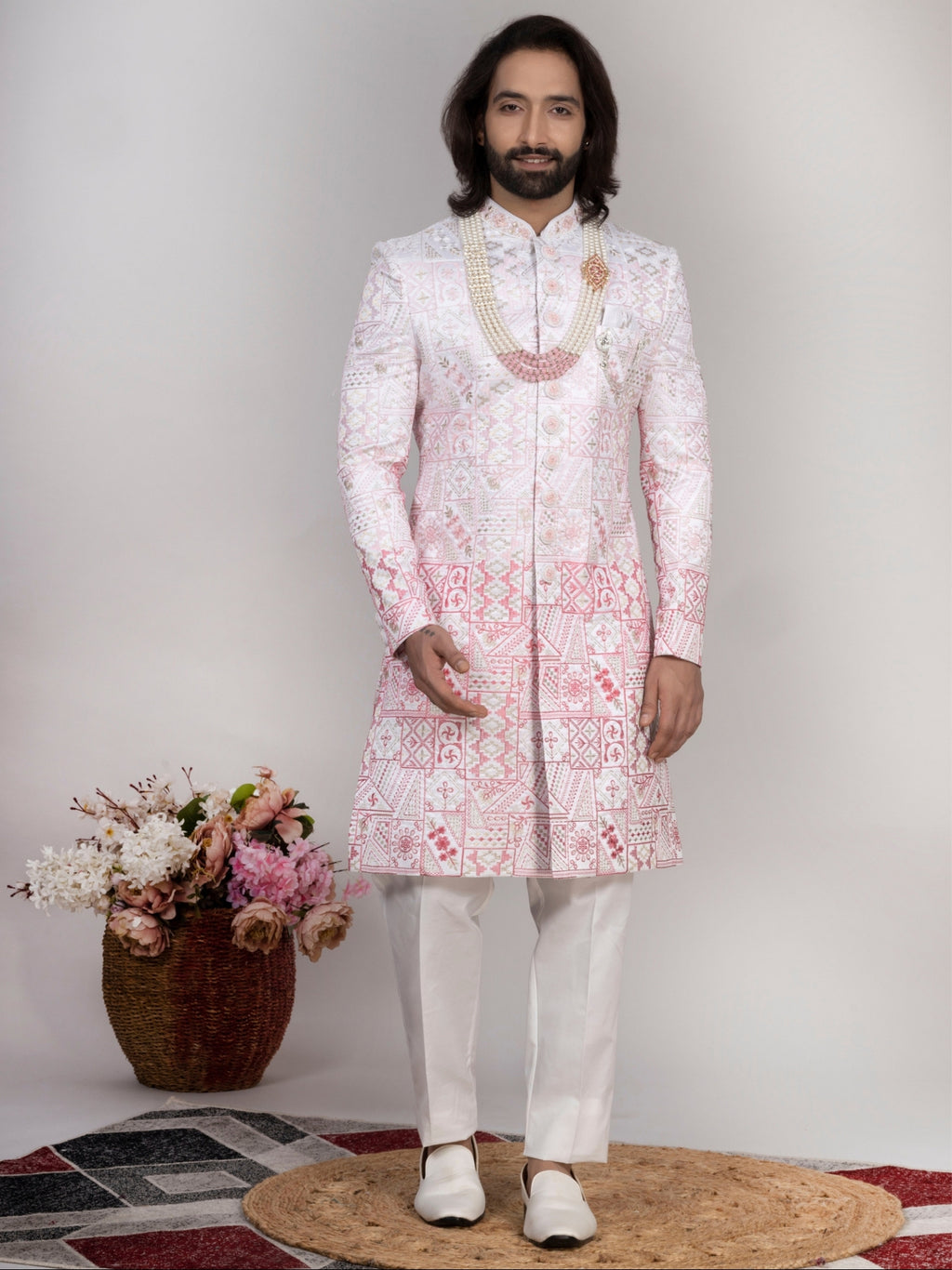 White Embroidered Sherwani Set with Pajama & Mojri for Men (Copy)