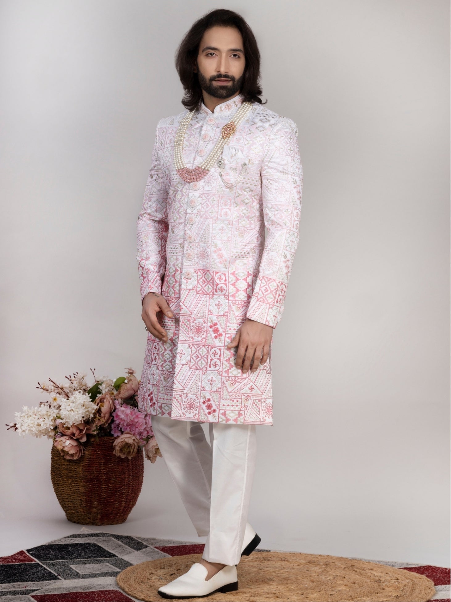 White Embroidered Sherwani Set with Pajama & Mojri for Men (Copy)