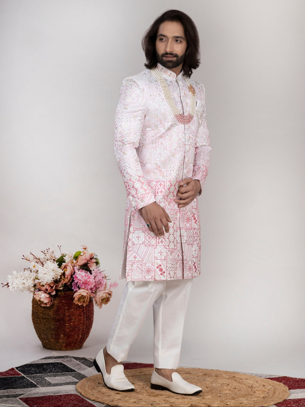 White Embroidered Sherwani Set with Pajama & Mojri for Men (Copy)