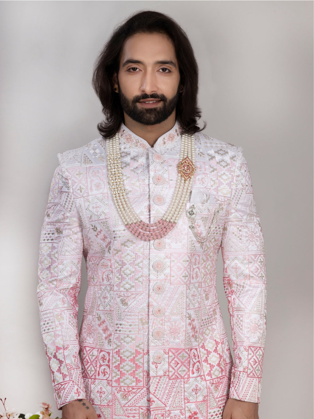White Embroidered Sherwani Set with Pajama & Mojri for Men (Copy)