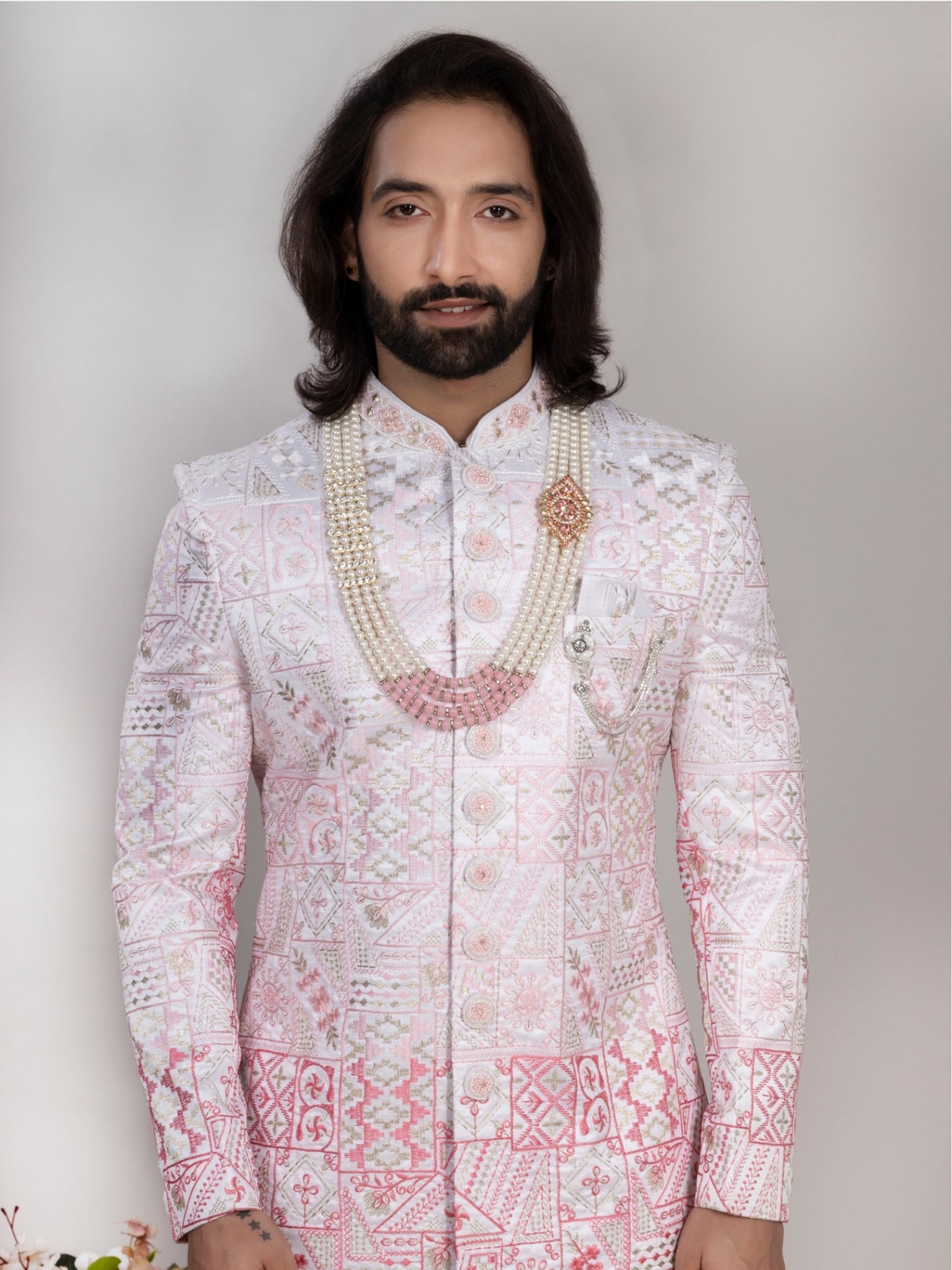 White Embroidered Sherwani Set with Pajama & Mojri for Men (Copy)