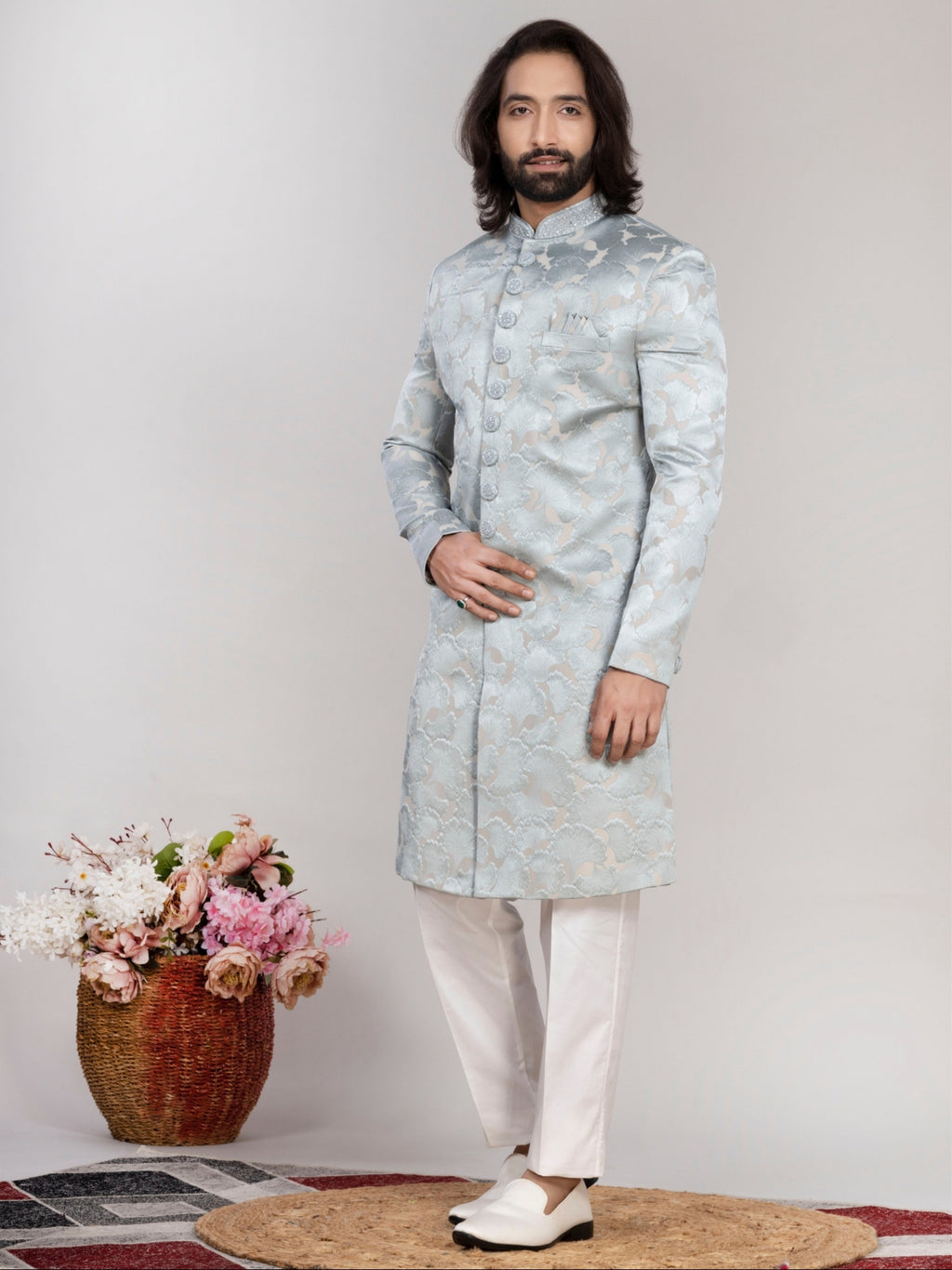 Men's Ice Blue Jacquard Sherwani Regular Fit Wedding Wear