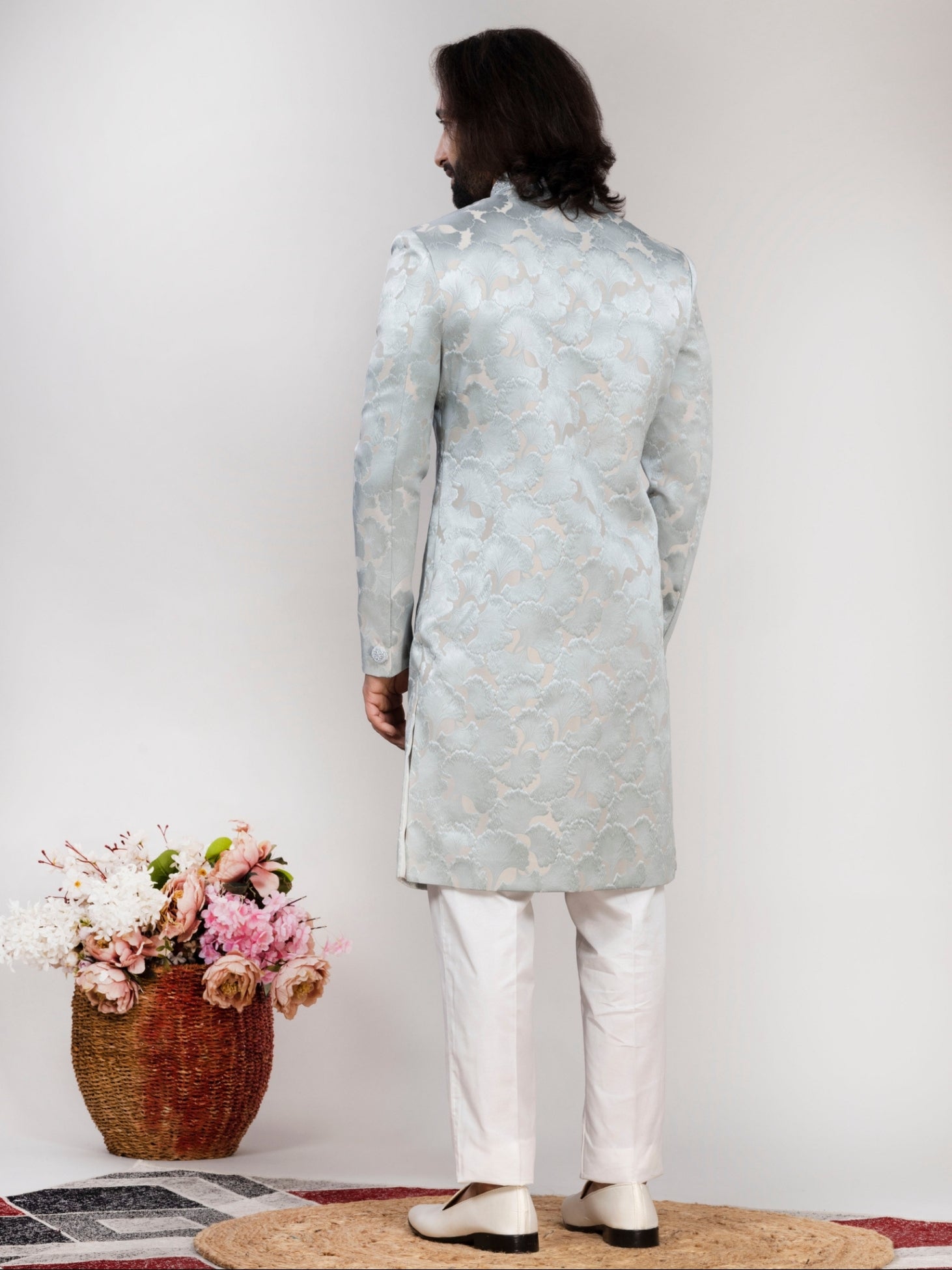 Men's Ice Blue Jacquard Sherwani Regular Fit Wedding Wear