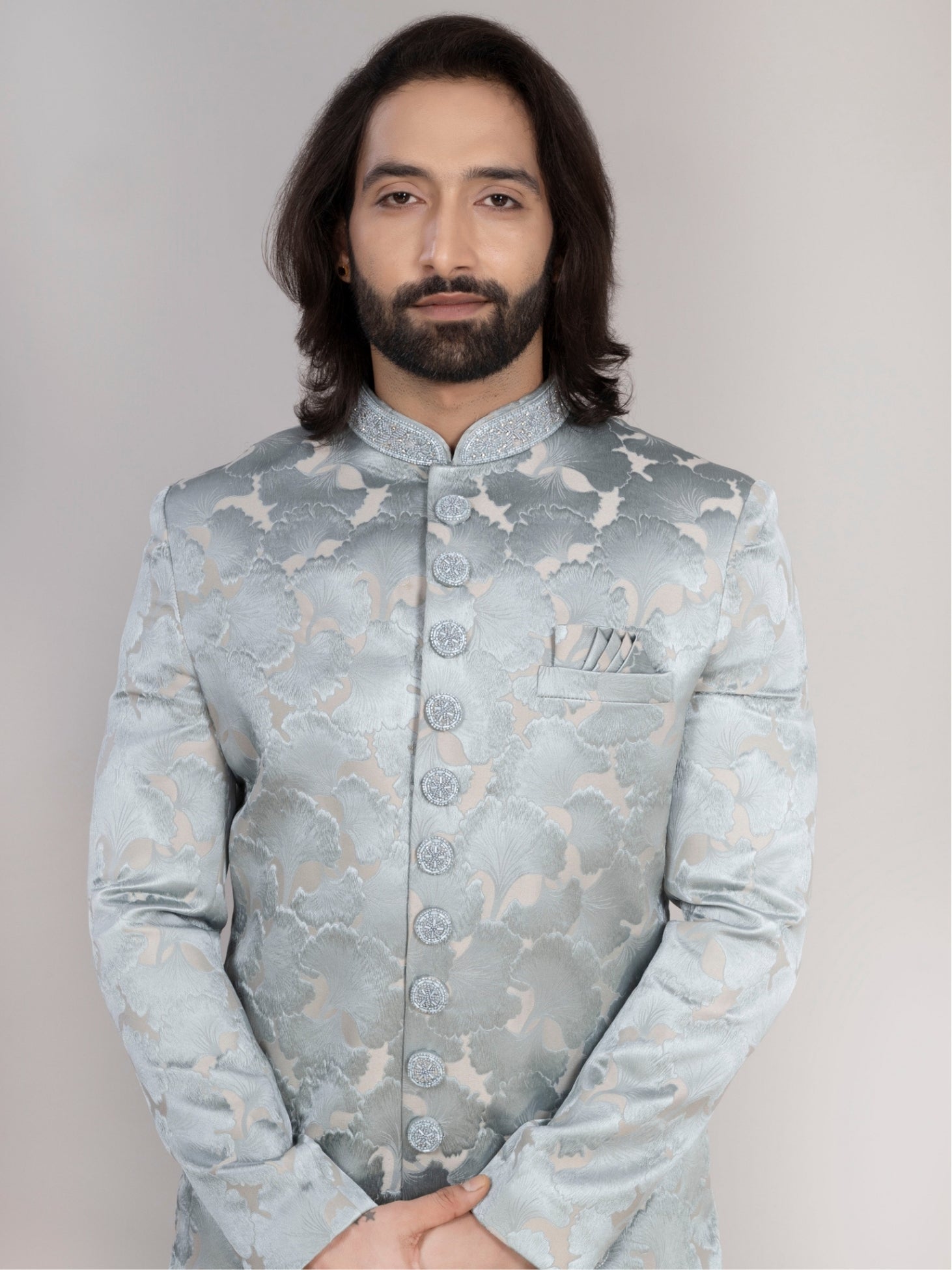 Men's Ice Blue Jacquard Sherwani Regular Fit Wedding Wear