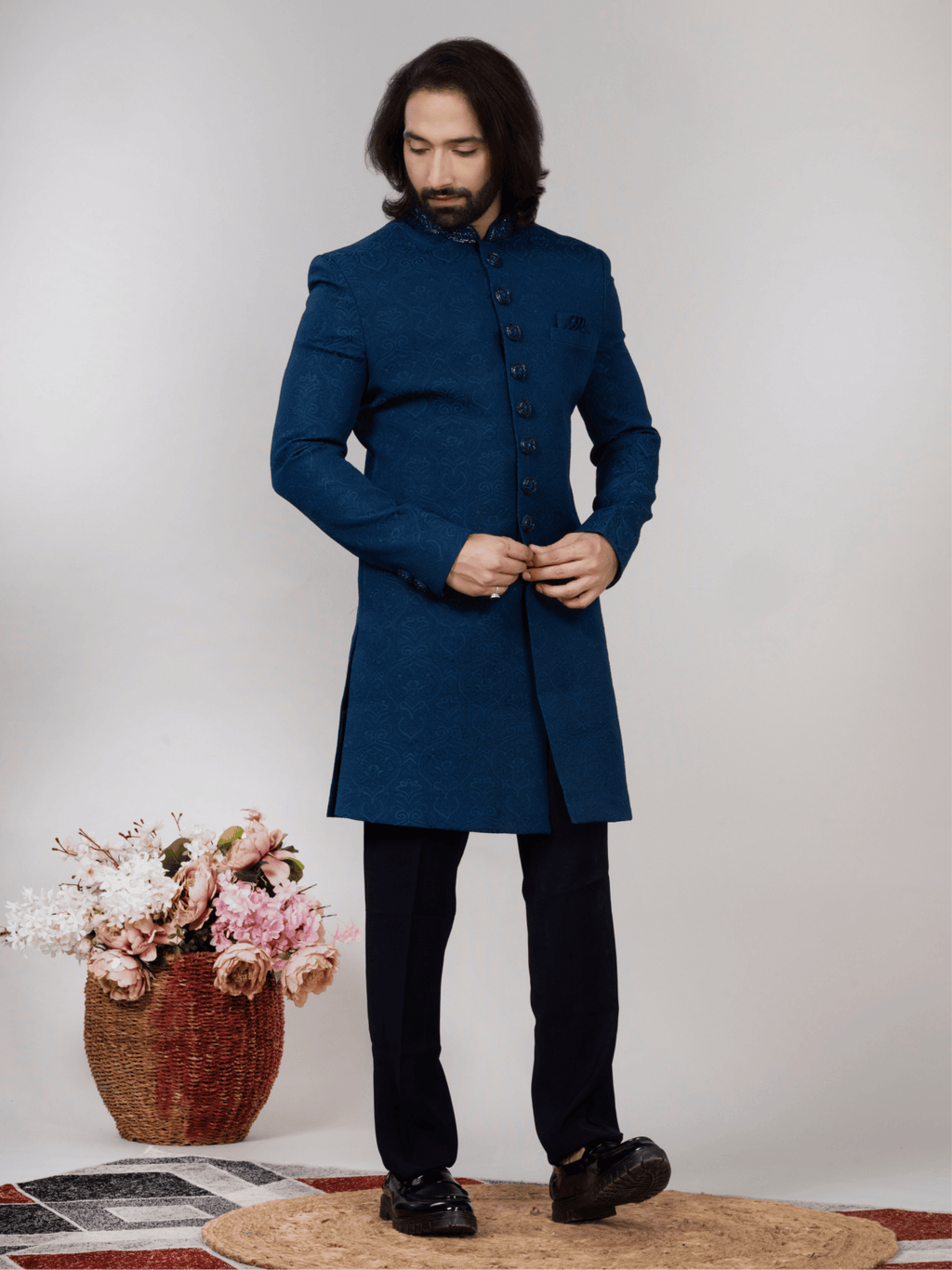 Blue Jacquard Regular Fit Indo-Western